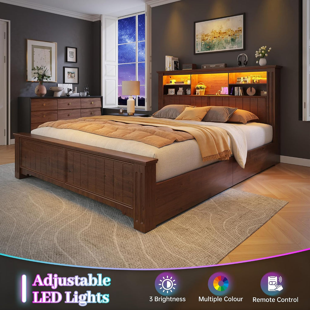 EnHomee Full Size Bed Frame with Storage, Full Bed Frame with 4 Drawers Charging Port & LED, Full Size Bed Frame with Headboard Built in Charging Station,No Box Spring Needed,NO Noise,Vintage Brown