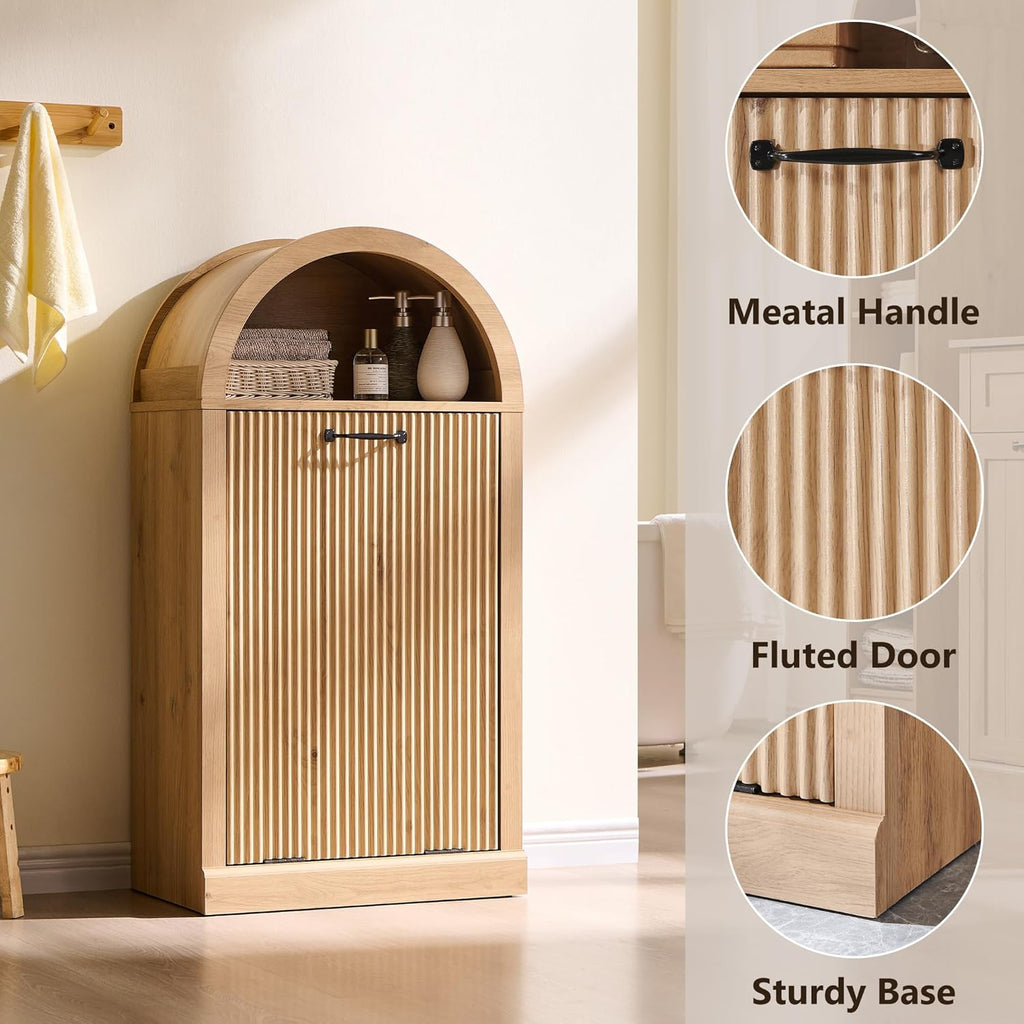 IFGET Arched Tilt-Out Trash Can Cabinet, Fluted 10 Gallon Trash Can Cabinet Set of 2, Modern Laundry Hamper, Hidden Garbage with Storage Basket for Kitchen, Living Room, Natural