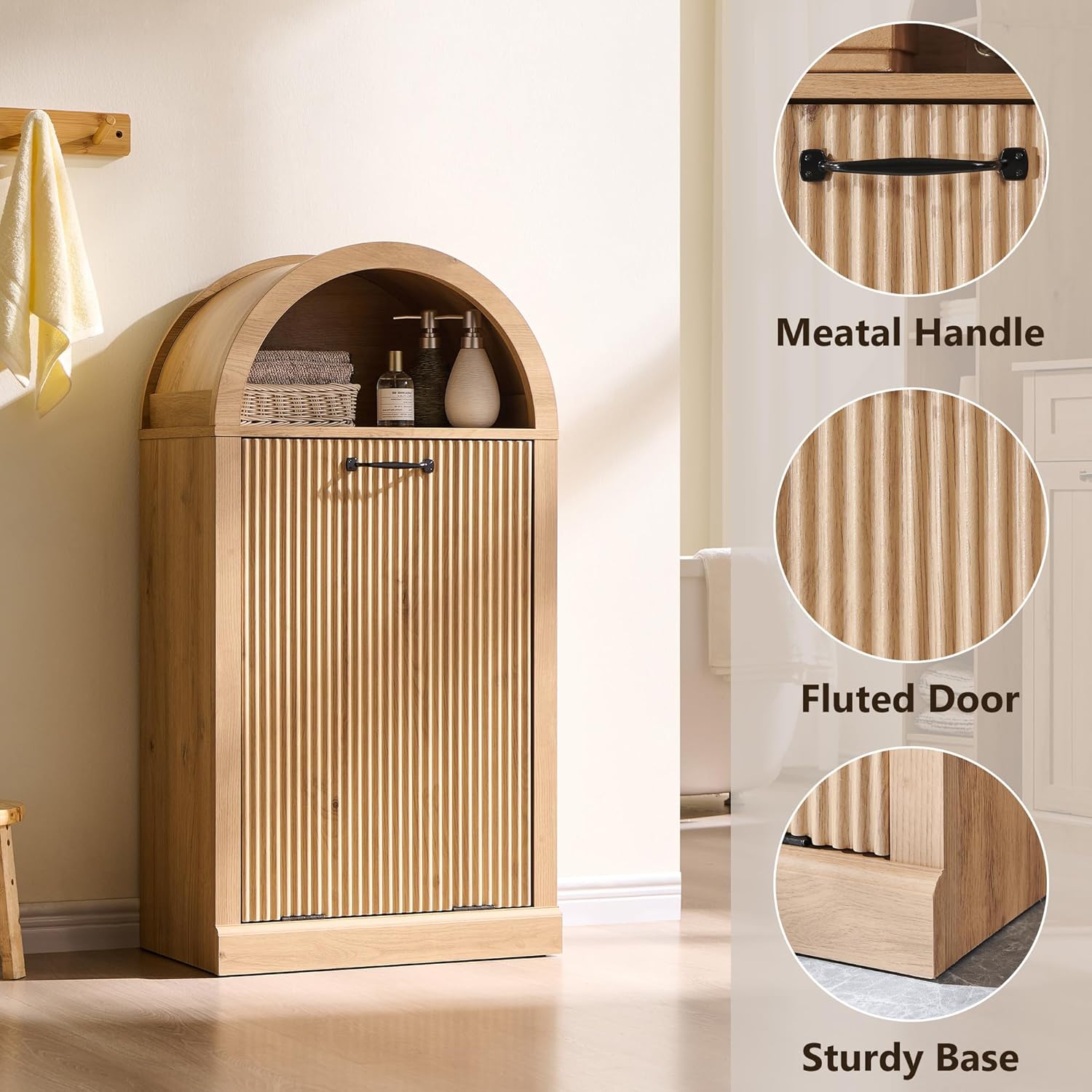 IFGET Arched Tilt-Out Trash Can Cabinet, Fluted 10 Gallon Trash Can Cabinet Set of 2, Modern Laundry Hamper, Hidden Garbage with Storage Basket for Kitchen, Living Room, Natural