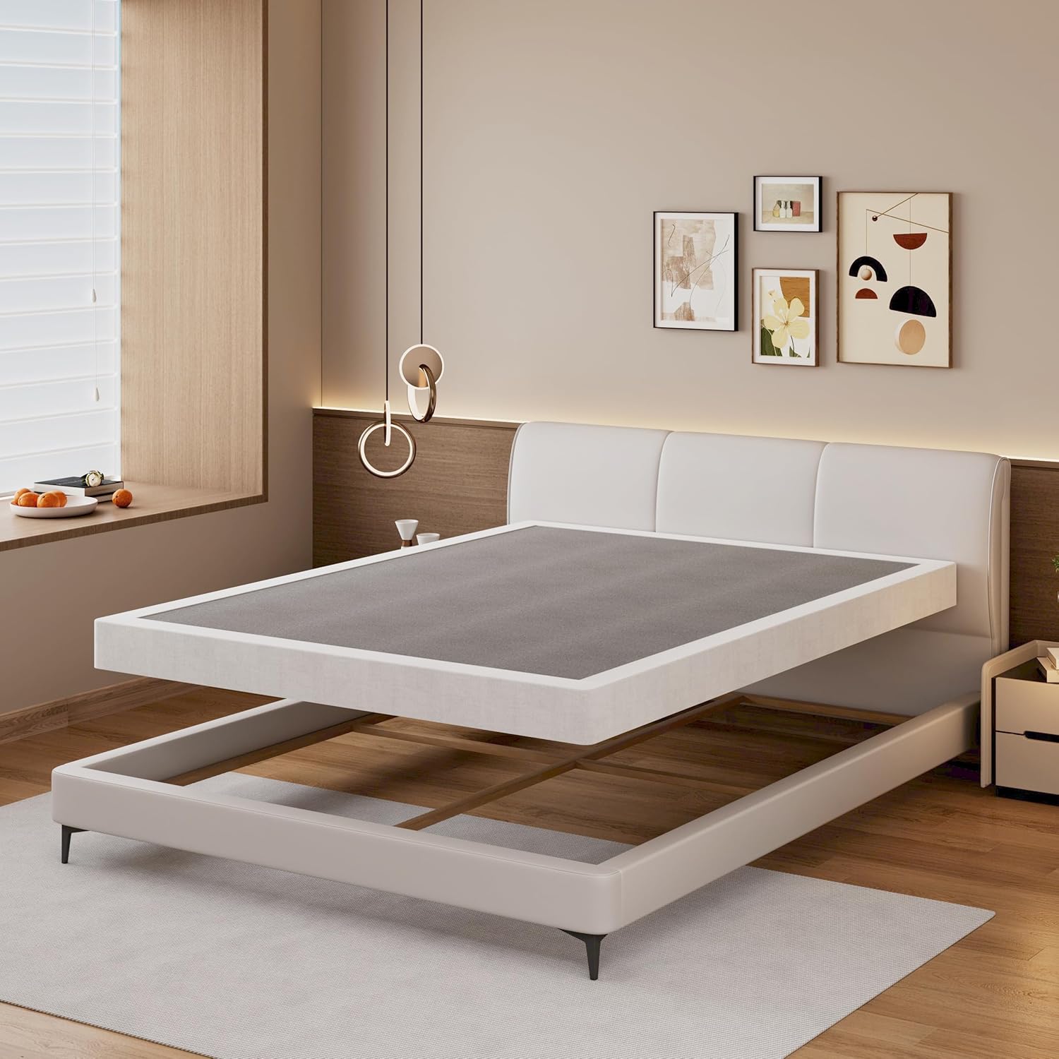 SHLAND Box Springs King Size 4 Inch High Box Spring Strong Metal Frame Mattress Foundation with Fabric Cover, Box Spring King Size Bed, Easy Assembly
