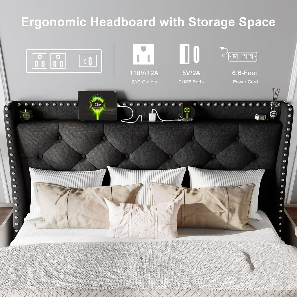 Feonase Queen Bed Frame with Luxury Wingback Upholstered Button Tufted Storage Headboard, Queen Platform Bed with Charging Station, Sturdy Wooden Slats Support, Noise-Free, Easy Assembly, Black