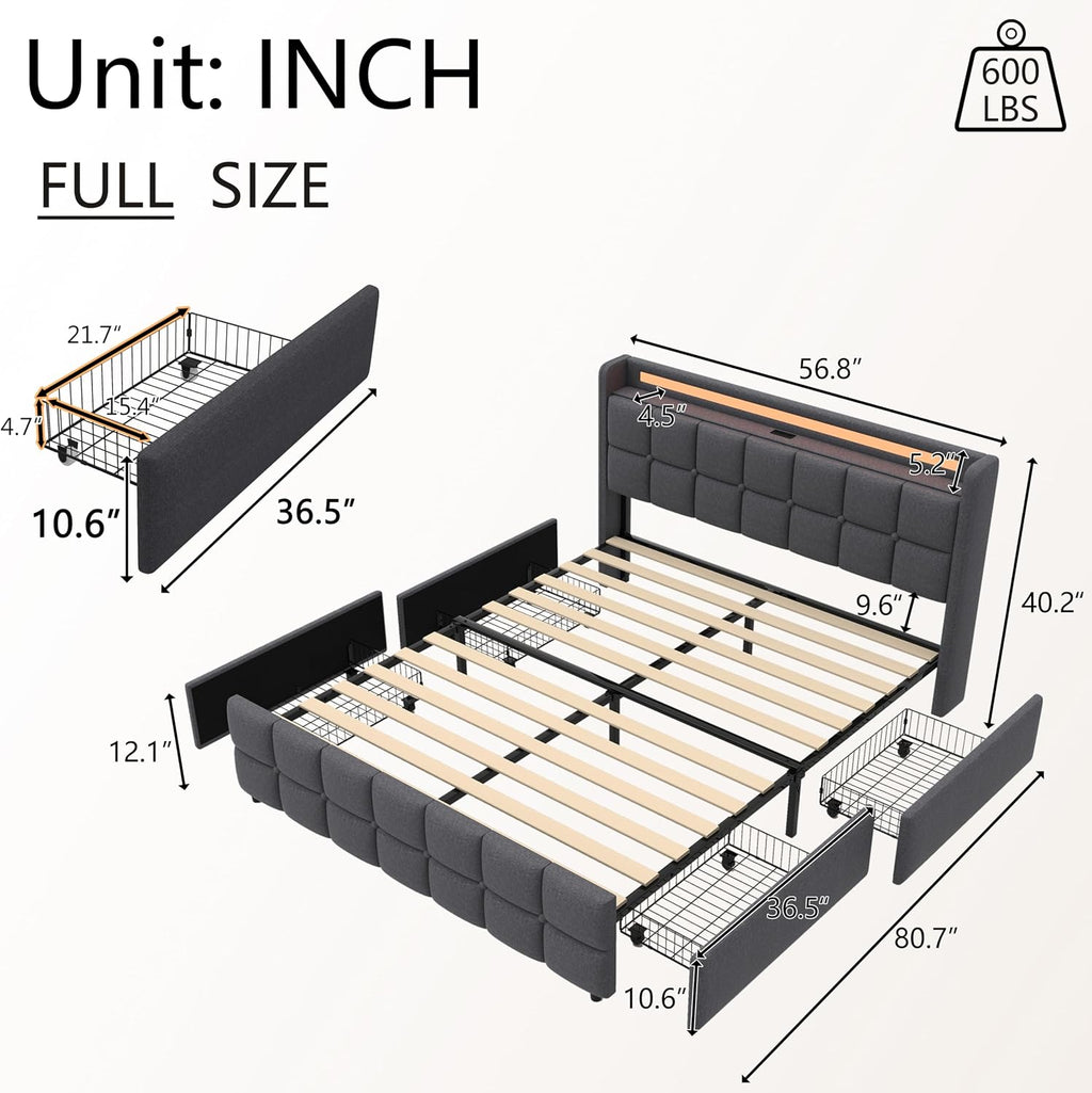 Modern LED Storage Bed with Charging Station All-Metal Platform Bed Frame Featuring 2-Tier Headboard, 4 Storage Drawers, and Easy Assembly(201-Gray, Full)