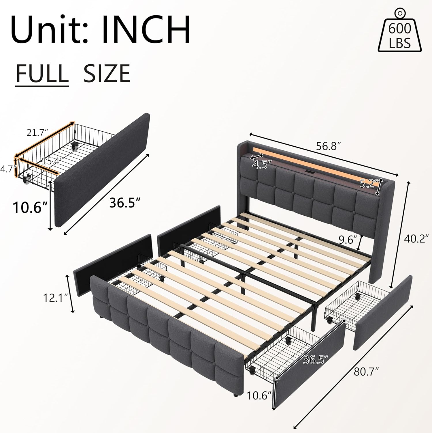 Modern LED Storage Bed with Charging Station All-Metal Platform Bed Frame Featuring 2-Tier Headboard, 4 Storage Drawers, and Easy Assembly(201-Gray, Full)