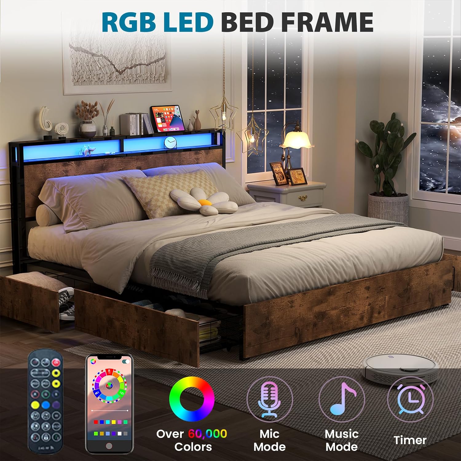 Kiivakii King Size Bed Frame with 4 Storage Drawers, LED Platform Bed with Headboard, Built in Charging Station, Noise-Free, Metal Support Base, No Box Spring Needed, Rustic Brown