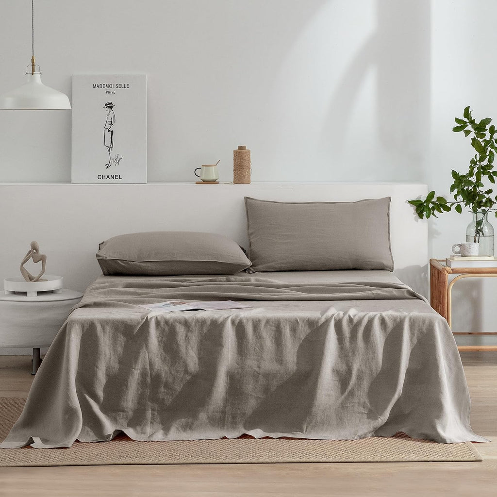 EVERLY Linen Queen Size Sheets Set,100% French Washed Pure Linen Bed Deep Pocket Sheets,4Pieces(1Flat Sheet,1Fitted Sheet,2Pillowcases) Suitable for Hot Sleepers,180GSM Natural Linen Bedding Set