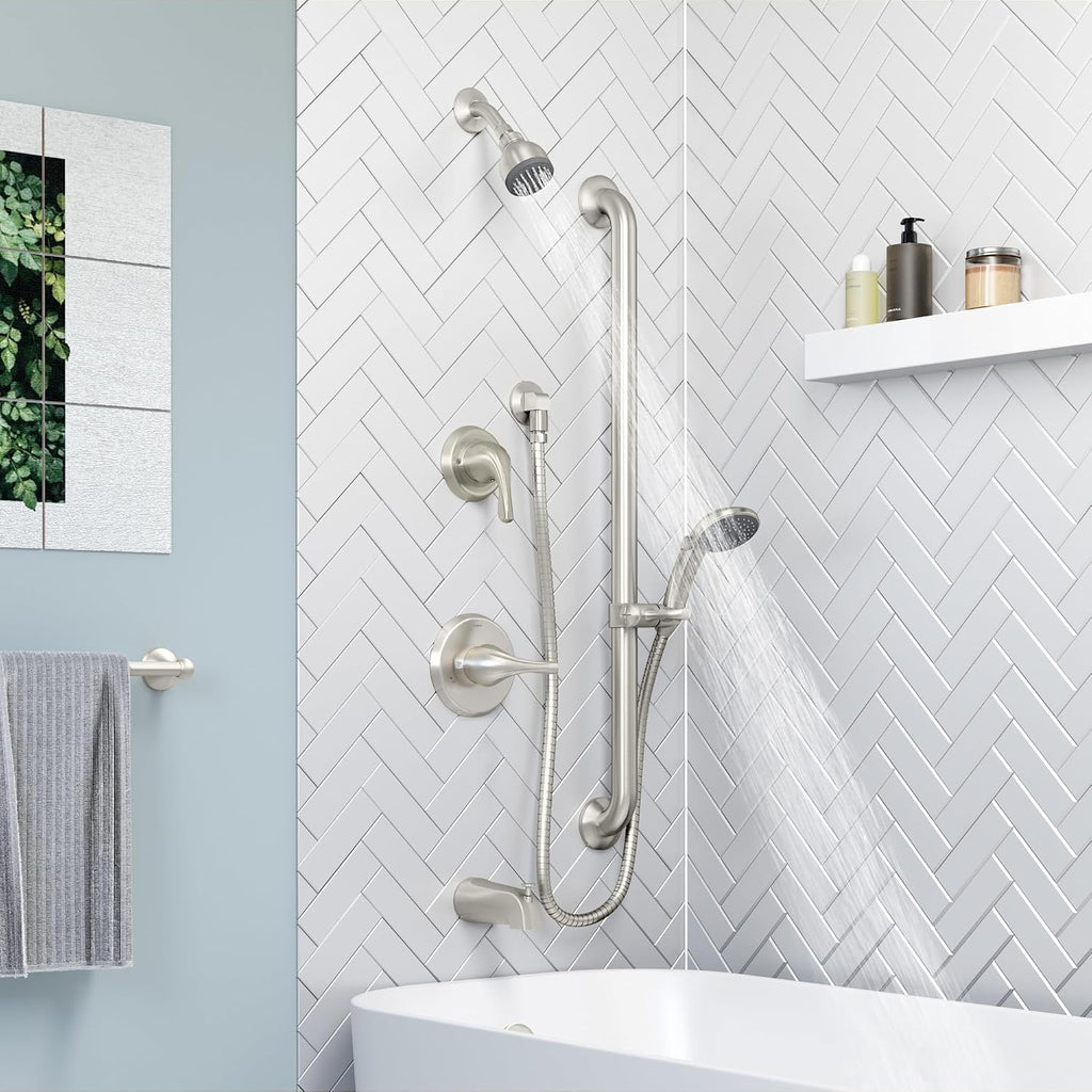 Symmons 9606-PLR-1.5-TRM-STN Origins 2-Handle Tub and 1-Spray Shower Trim with 1-Spray Hand Shower in Satin Nickel (Valves Not Included)