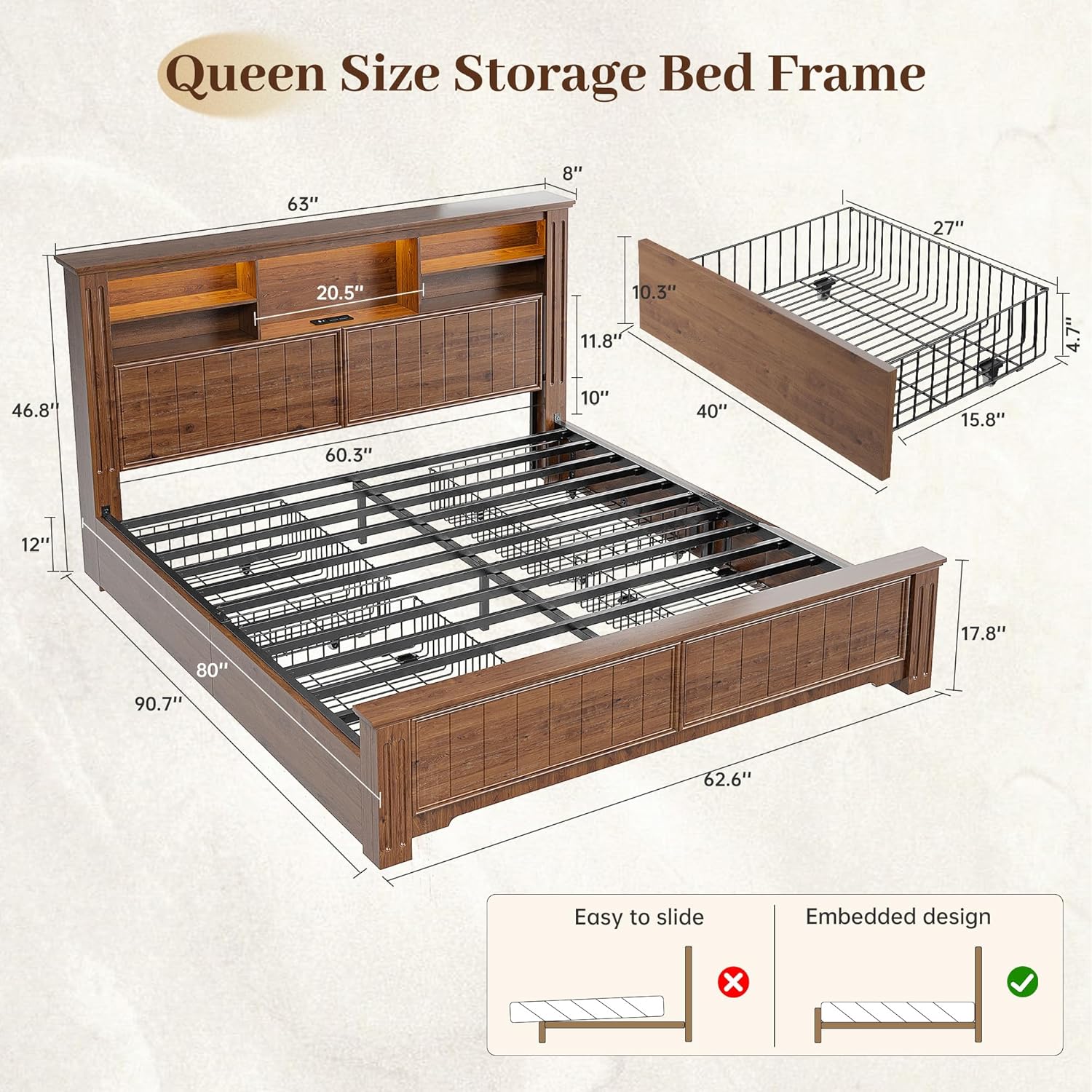 EnHomee Queen Bed Frame with 4 Storage Drawers, Bed Frame Queen Size with Headboard,Sturdy Queen Bed with LED Lights & Charging Ports,Wooden,No Box Spring Needed,Noise-Free,Brown