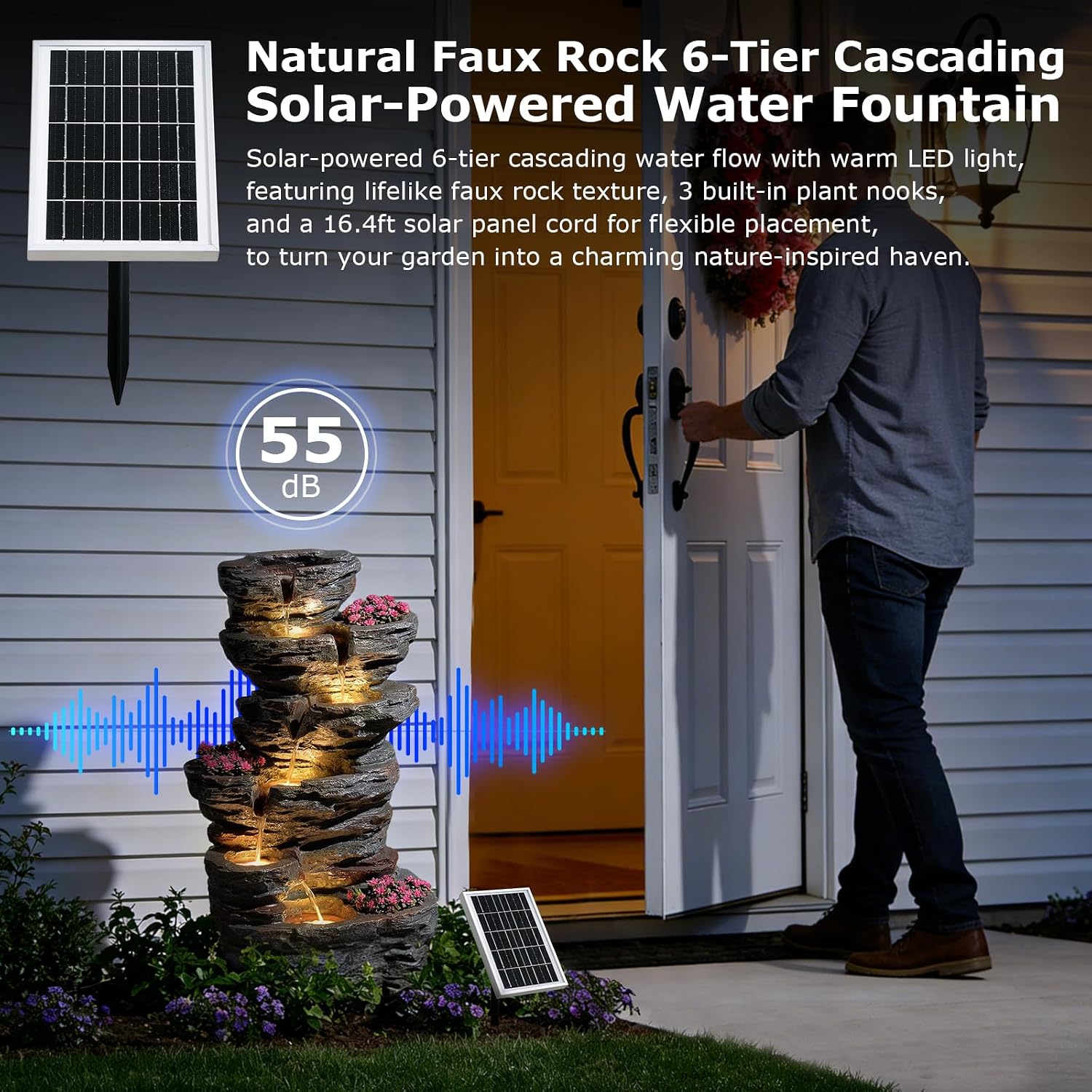 6-Tier Rock Solar Outdoor Water Fountain, 32.7' H Cascading Solar Powered Garden Waterfall Fountains with LED Lights for Patio, Balconies, Lawns, Deck, Porch, Backyard and Home Art Decor