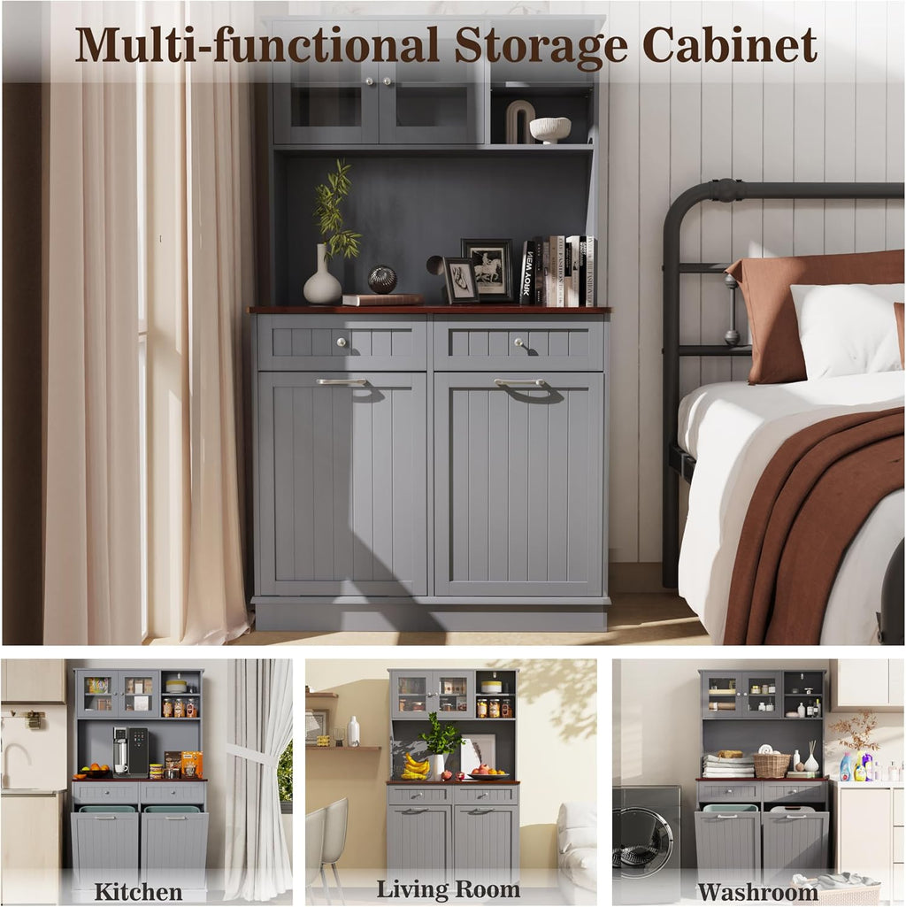 Double Tilt Out Trash Cabinet Storage Cabinet 20 Gallon with Two Solid Wood Hideaway Trash Holder Drawers, Dual Wooden Free Standing Recycling Cabinets Trash Can Bin Kitchen (Gray)
