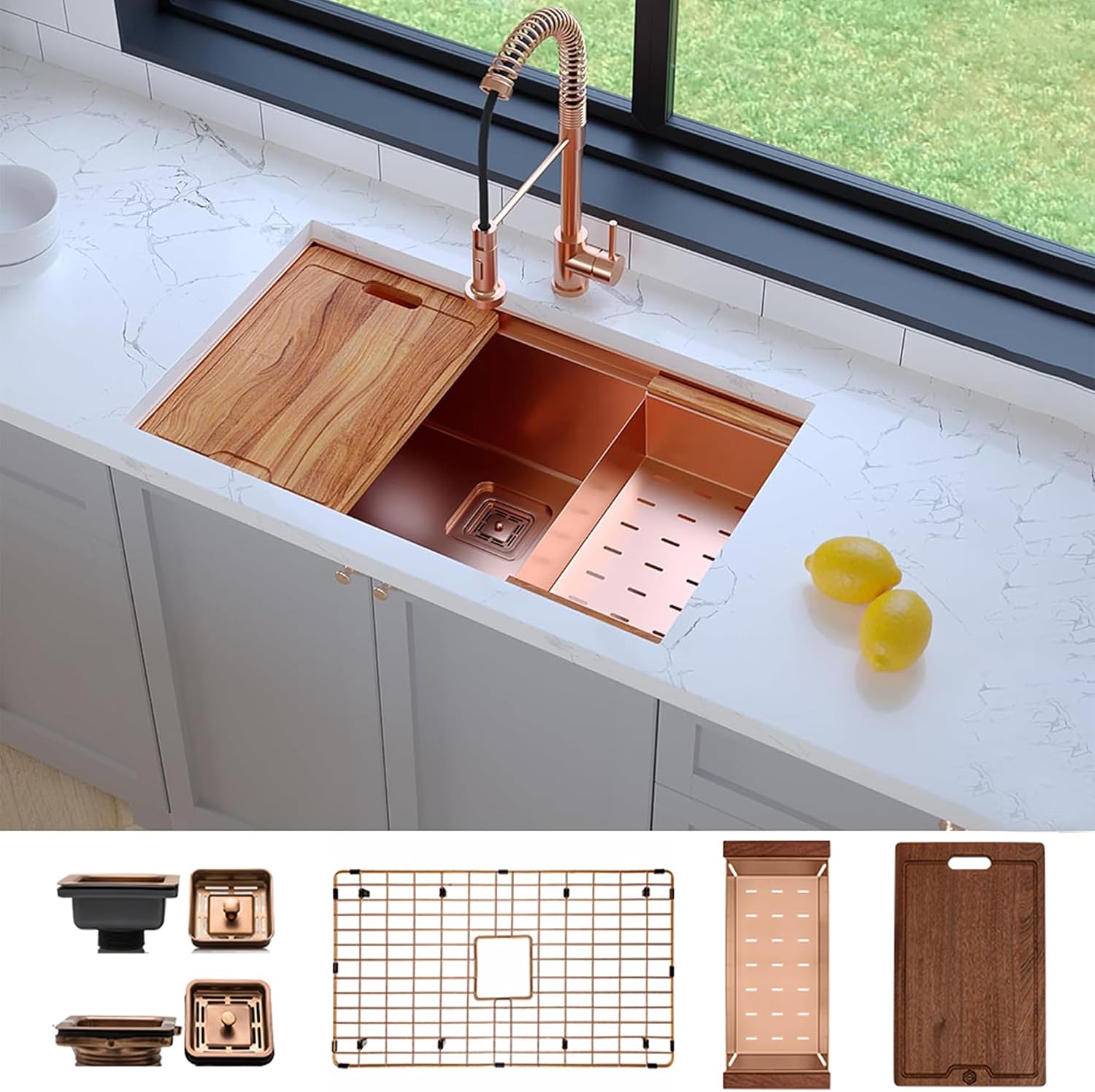 Strictly Sinks Undermount Workstation Copper Kitchen Sink –32 Inch 16 Gauge Single Bowl Kitchen Sink with Bottom Grid, Wooden Cutting Board, Colander, 1 Garbage Disposal Adapter, & 1 Strainer Drain
