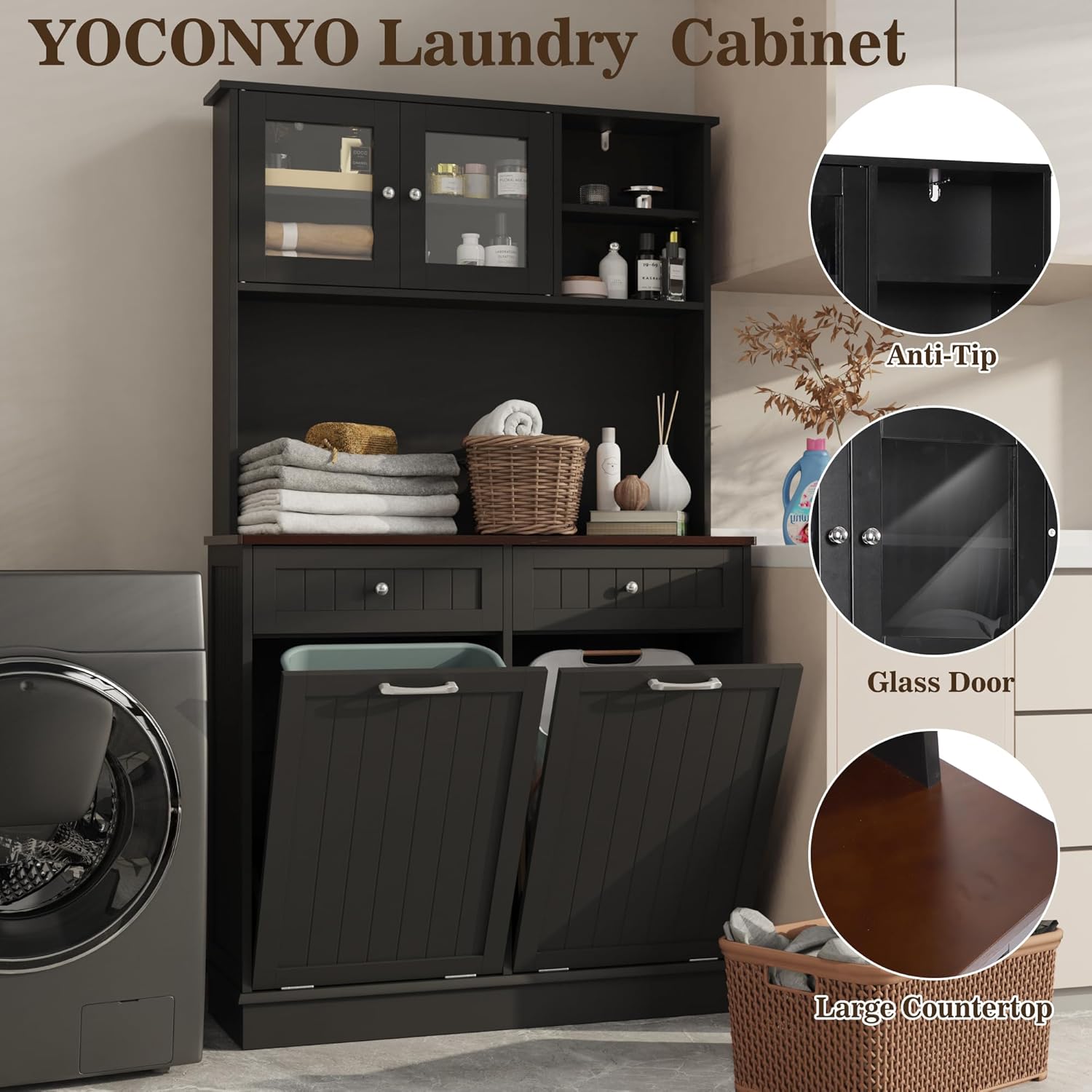 Double Tilt Out Trash Cabinet Storage Cabinet 20 Gallon with Two Solid Wood Hideaway Trash Holder Drawers, Dual Wooden Free Standing Recycling Cabinets Trash Can Bin Kitchen (Black)
