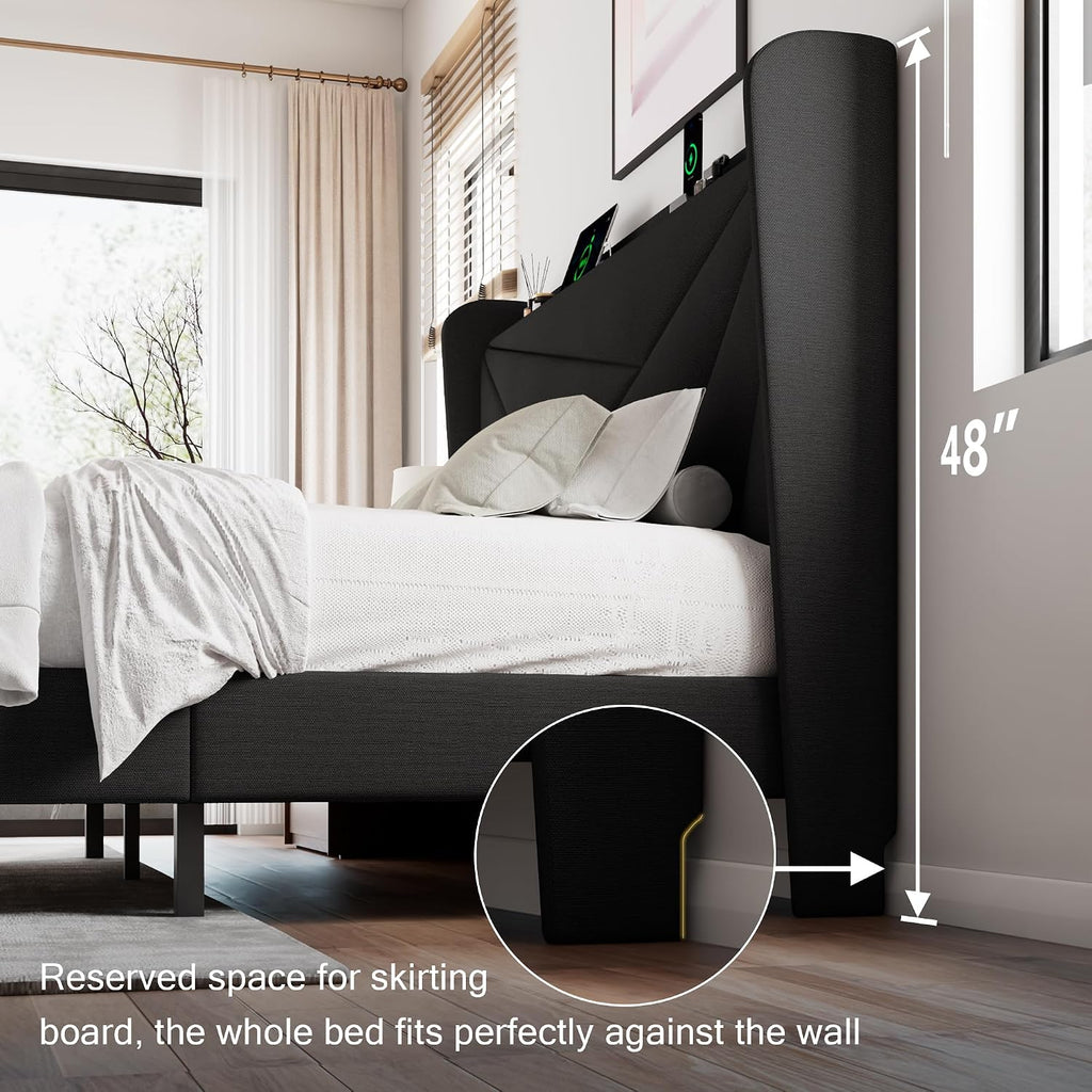 Einhomn Queen Size Upholstered Bed Frame with Charging Station, Platform Bed Frame with Storage Headboard, Solid Wood Slats Support, No Box Spring Needed, Black