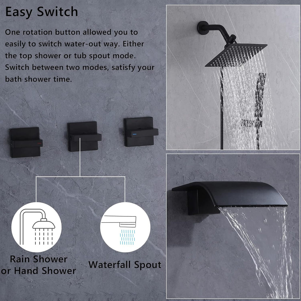3 Handles Tub Shower Faucet,Bathtub Shower Faucet Set with Tub Spout,Dual 2 in 1 Shower System Complete Tub and Shower Trim Kit,Matte Black