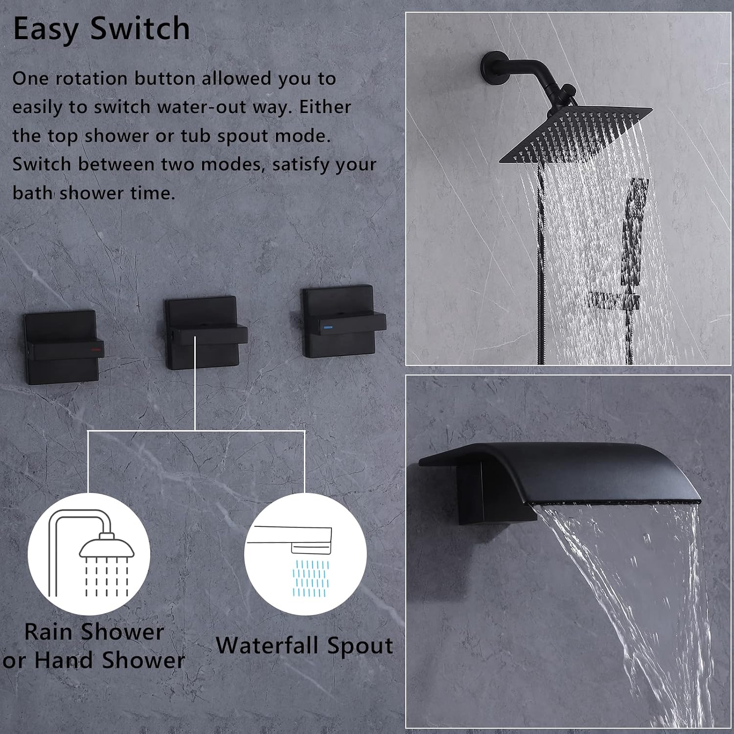 3 Handles Tub Shower Faucet,Bathtub Shower Faucet Set with Tub Spout,Dual 2 in 1 Shower System Complete Tub and Shower Trim Kit,Matte Black