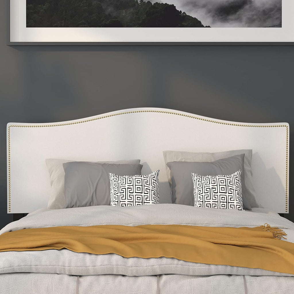 Flash Furniture Lexington Upholstered Queen Size Headboard with Accent Nail Trim in White Fabric