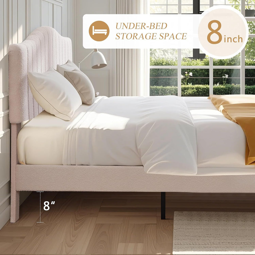 VECELO Full Size Upholstered Platform Bed Frame with Adjustable Teddy Fabric Headboard, Strong Wood Slats, 7.9' Under-Bed Storage, Noise-Free, No Box Spring Needed - Beige