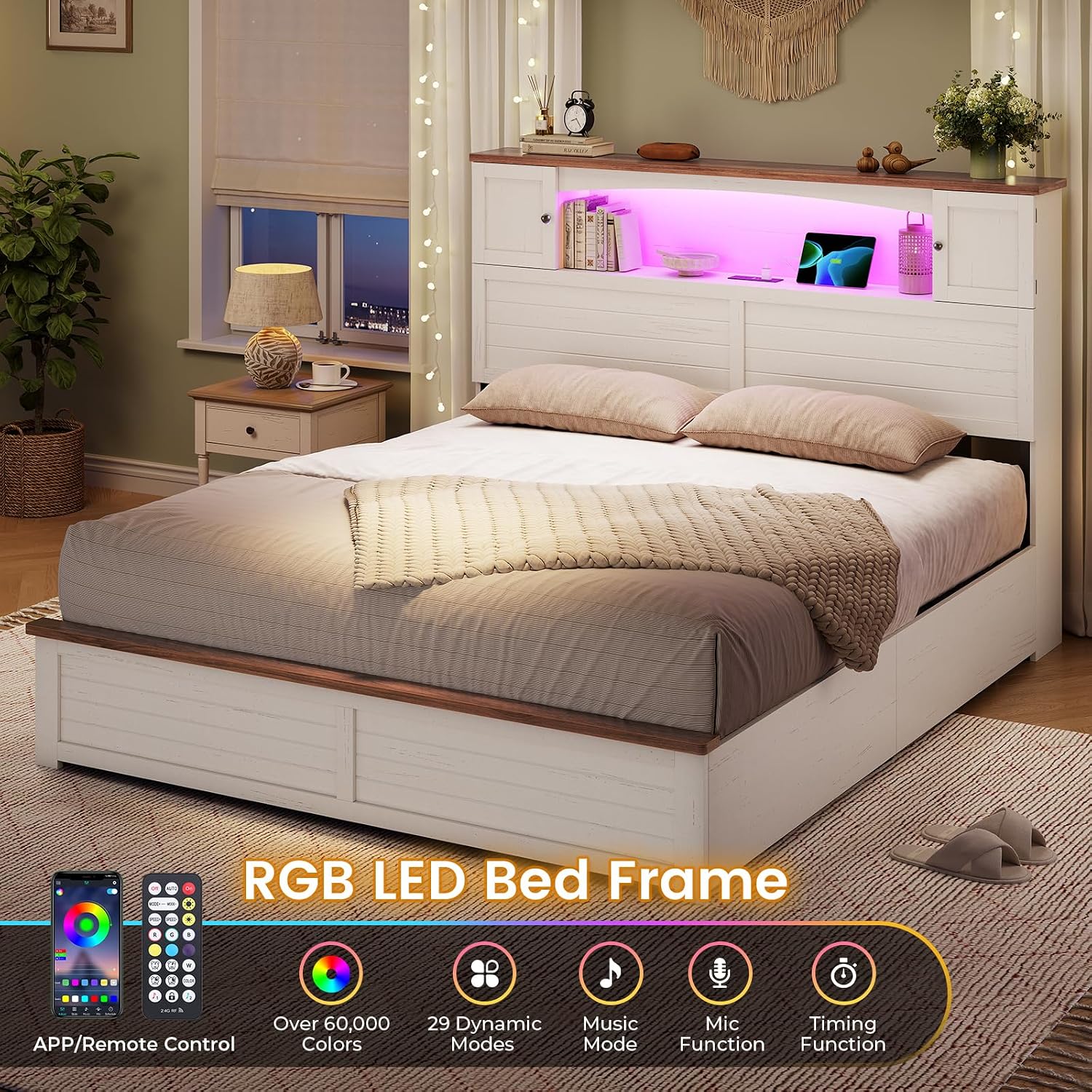 MSmask Farmhouse Bed Frame Full Size with Bookcase and Storage Cabinets Headboard, Wood Platform Bed with LED Lights, Charging Station, 4 Drawers, Decoration Footboard, No Box Spring Needed, White