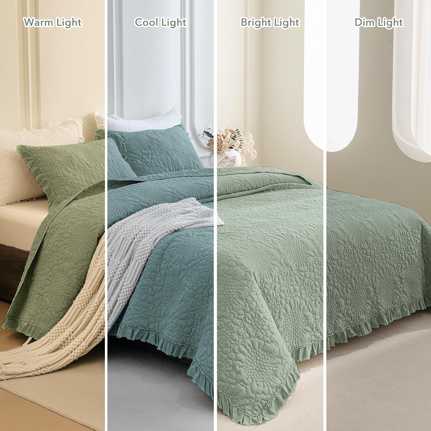 QSH 3PCs Stonewashed Cotton Quilt King (110'x98'),Olive Green Ruffle Quilt King Size Bedding Set,Ultra Lightweight Soft Crinkled Bedspread Coverlet King Shabby Farmhouse Chic Bedding for All Seasons