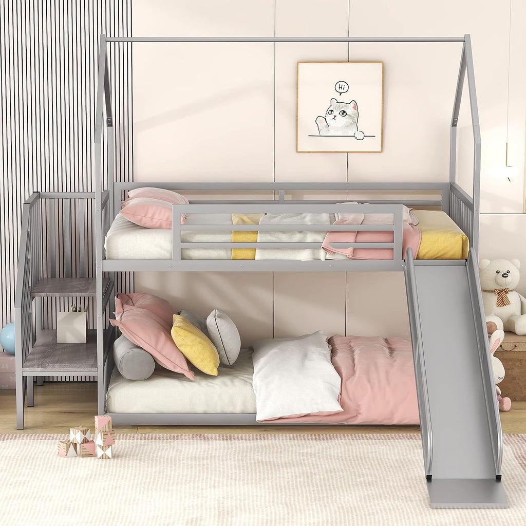 MERITLINE Metal Bunk Bed Twin Over Twin Bunk Bed Frame with Slide and Stairway,Twin Over House Bed with Guardrails