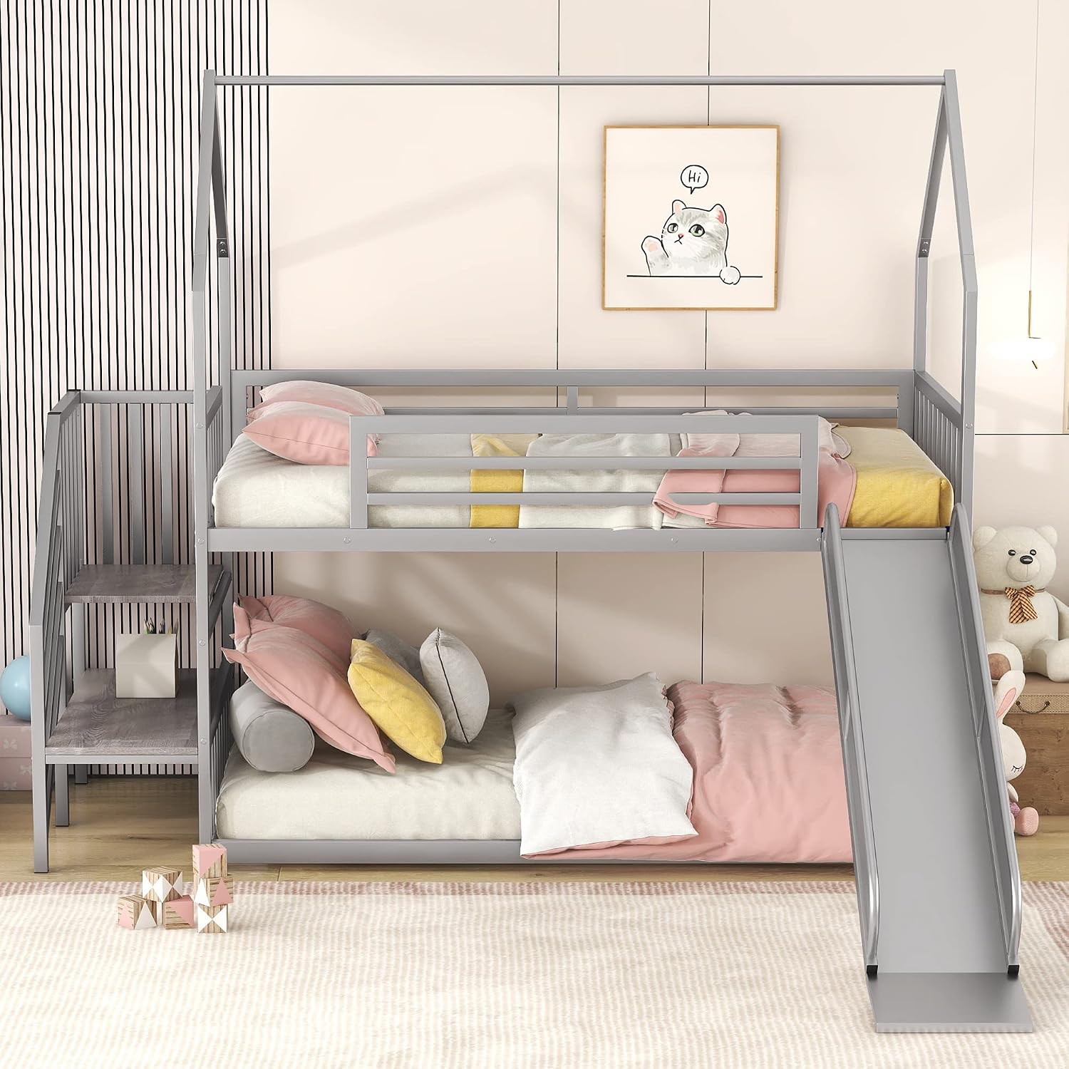 MERITLINE Metal Bunk Bed Twin Over Twin Bunk Bed Frame with Slide and Stairway,Twin Over House Bed with Guardrails