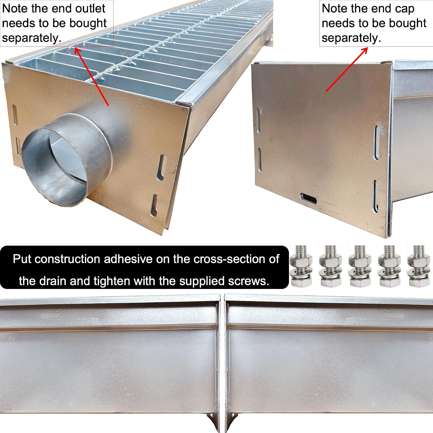 304 Stainless Steel Channel Drain with Galvanized Steel Grate 39.4x9x6 in, B-Class 28100 lbs Heavy-Duty Drain Kit for 3' Pipe, Trench Drainage System for Outdoor, Driveway, Garage, Yard