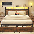 Lifezone Queen Bed Frame with 2-Tier Storage Headboard, Metal Bed Frame with Storage Drawers & Built-in Charging Station & LED, Noise-Free, No Box Spring Needed, Easy Assembly, Rustic Brown