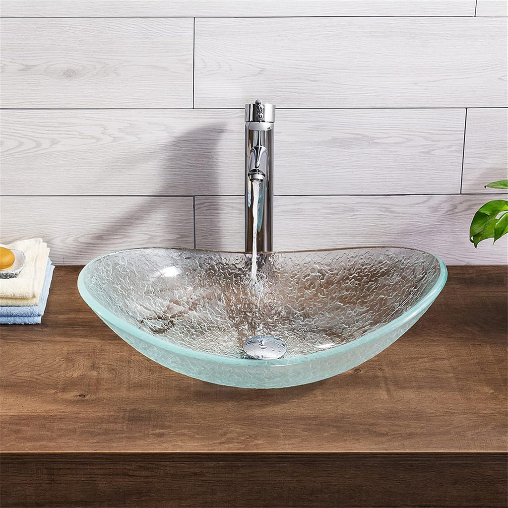 Tempered Glass Vessel Bowl Sink, Top Mount Installation Bathroom Sinks Above Counter, Oval Boat Vanity Countertop Sink Bowl with Chrome Faucet,Single Basin Set (Complete Set)