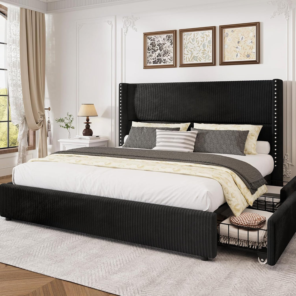 LARMACE Black Queen Bed Frame with Headboard Upholstered Platform Bed Frame Queen Size with 4 Storage Drawers Corduroy Bed Frame with Vertical Stripe,Solid Wood Leg/No Box Spring Needed/Noise Free