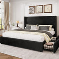 LARMACE Black Queen Bed Frame with Headboard Upholstered Platform Bed Frame Queen Size with 4 Storage Drawers Corduroy Bed Frame with Vertical Stripe,Solid Wood Leg/No Box Spring Needed/Noise Free