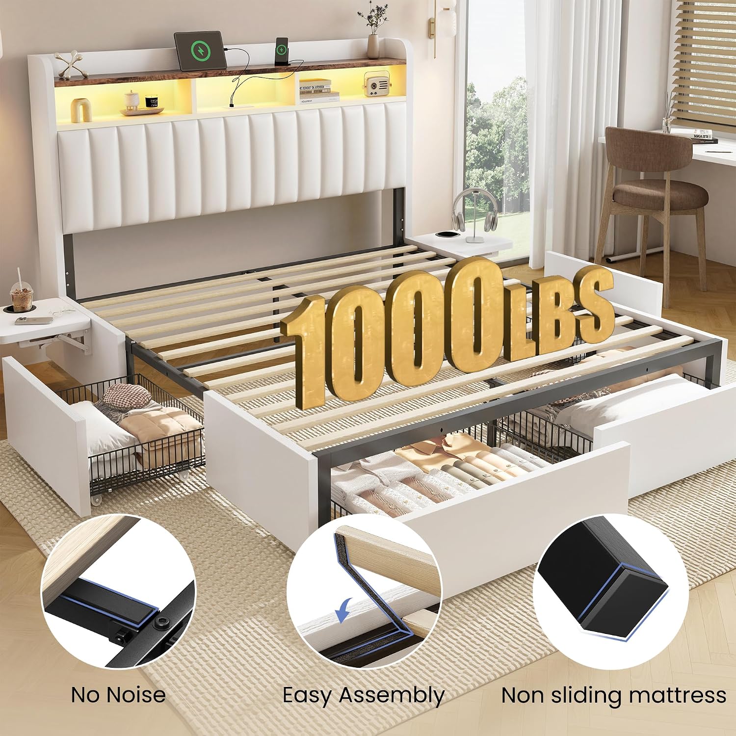 BRELTAM King Bed Frame with Headboard,4 Storage Drawers,and Built-in Adjustable Desk,Charging Station,Easy Assembly,No Box Spring Needed,White