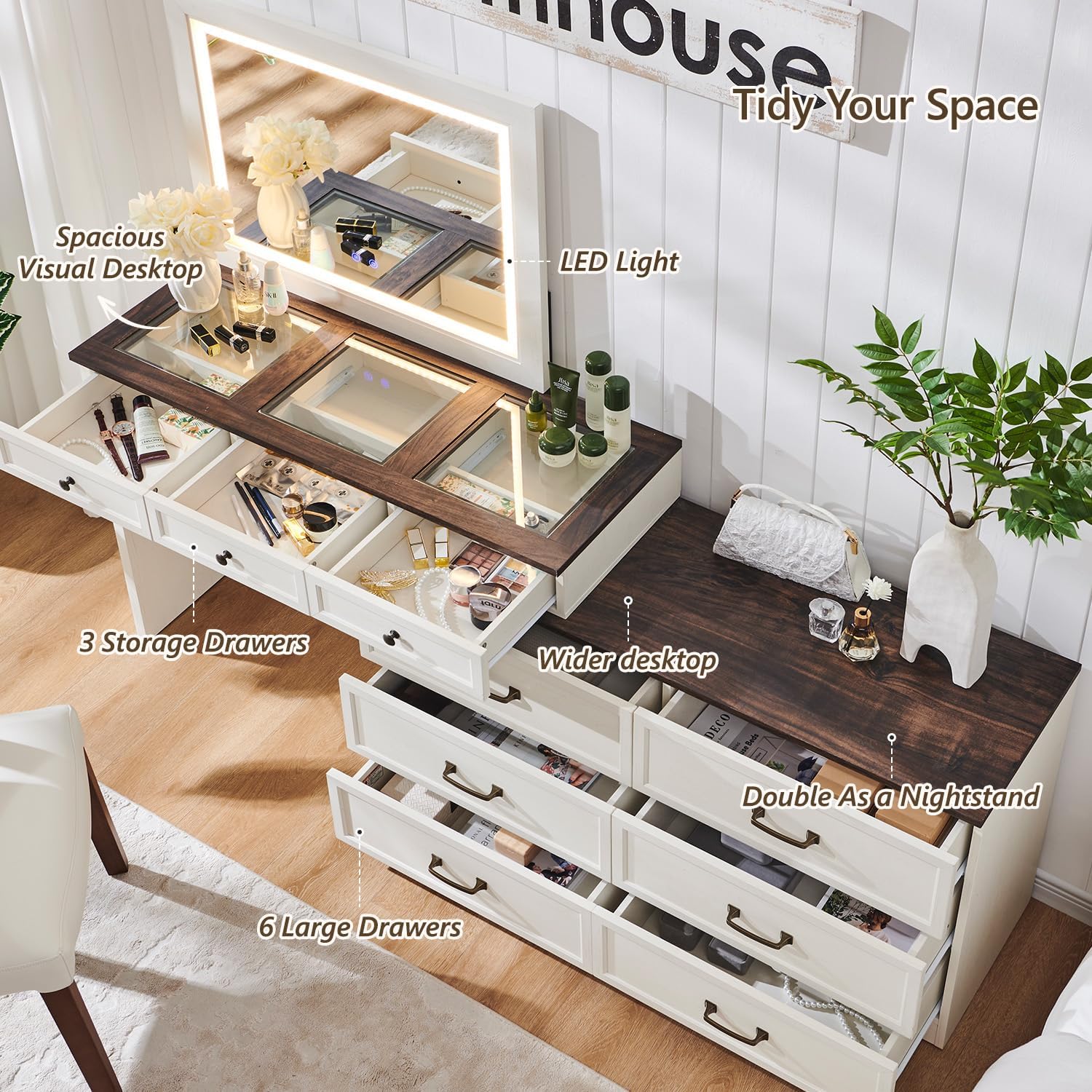 Aitjunz 69' W Big Vanity Desk with Glass Top, Farmhouse Makeup Table with 9 Large Storage Drawers, Rustic Wood Bedroom Dressing Table w/3 Color Available Light & 30' HD Led Mirror, Antique White