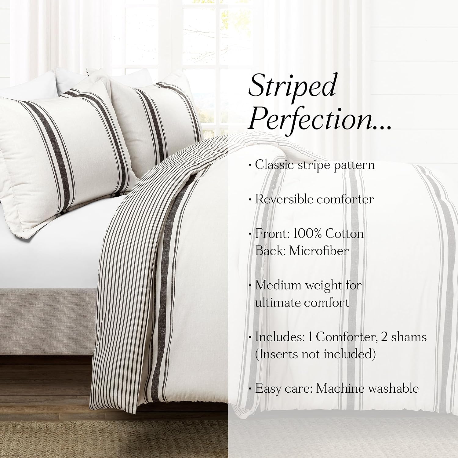 Lush Decor Farmhouse Stripe Reversible Cotton Comforter Set, 3 Piece Set, Full/ Queen, Black - Cozy Farmhouse Bedding Set - Rustic Decor - Striped Comforter - Modern Farmhouse Bedroom Decor
