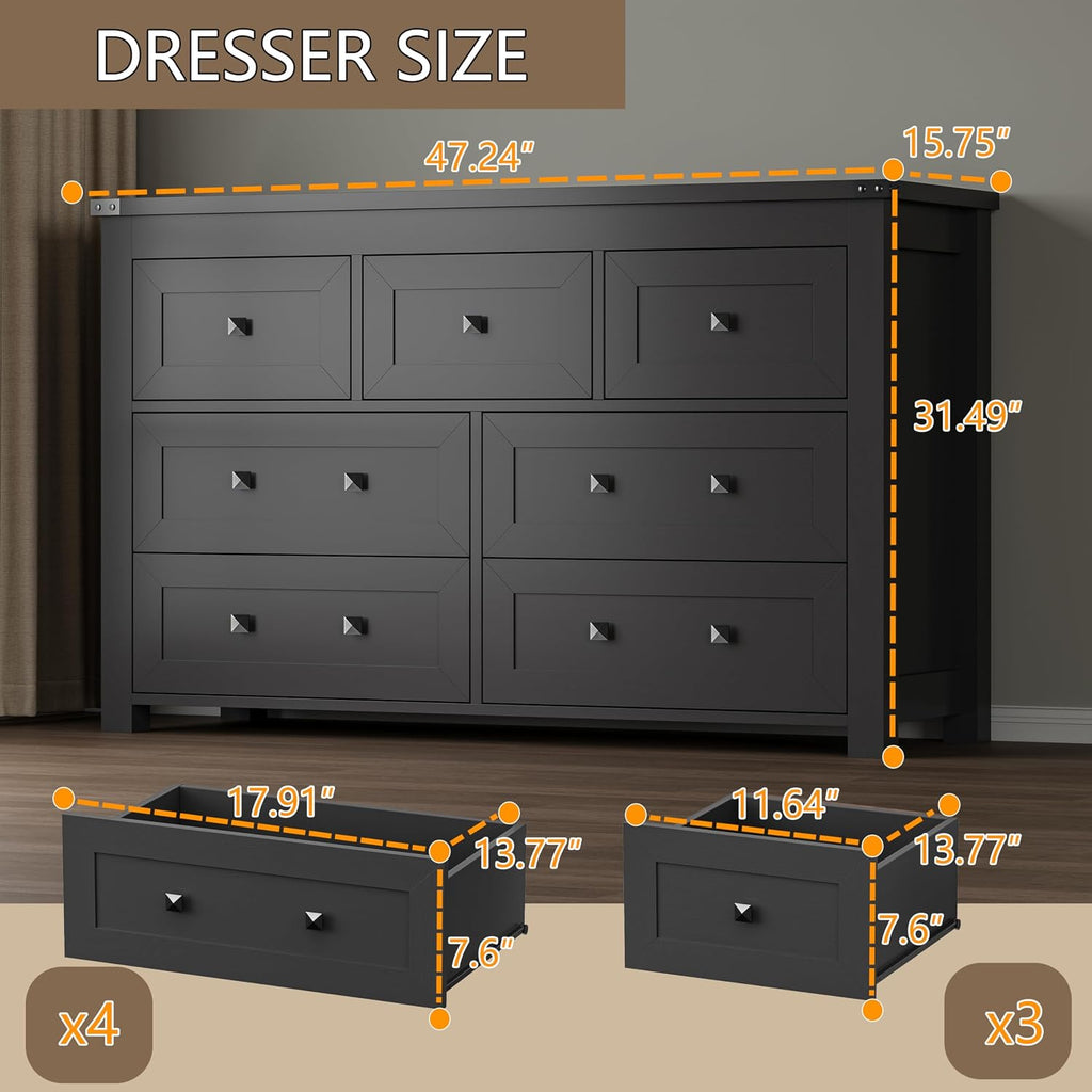 BORNOON 7-Drawer Dresser, Modern Wooden Storage Chest of Drawers, Dresser TV Stand, Wood Drawer Organizer with Metal Handles for Bedroom, Living Room, Hallway