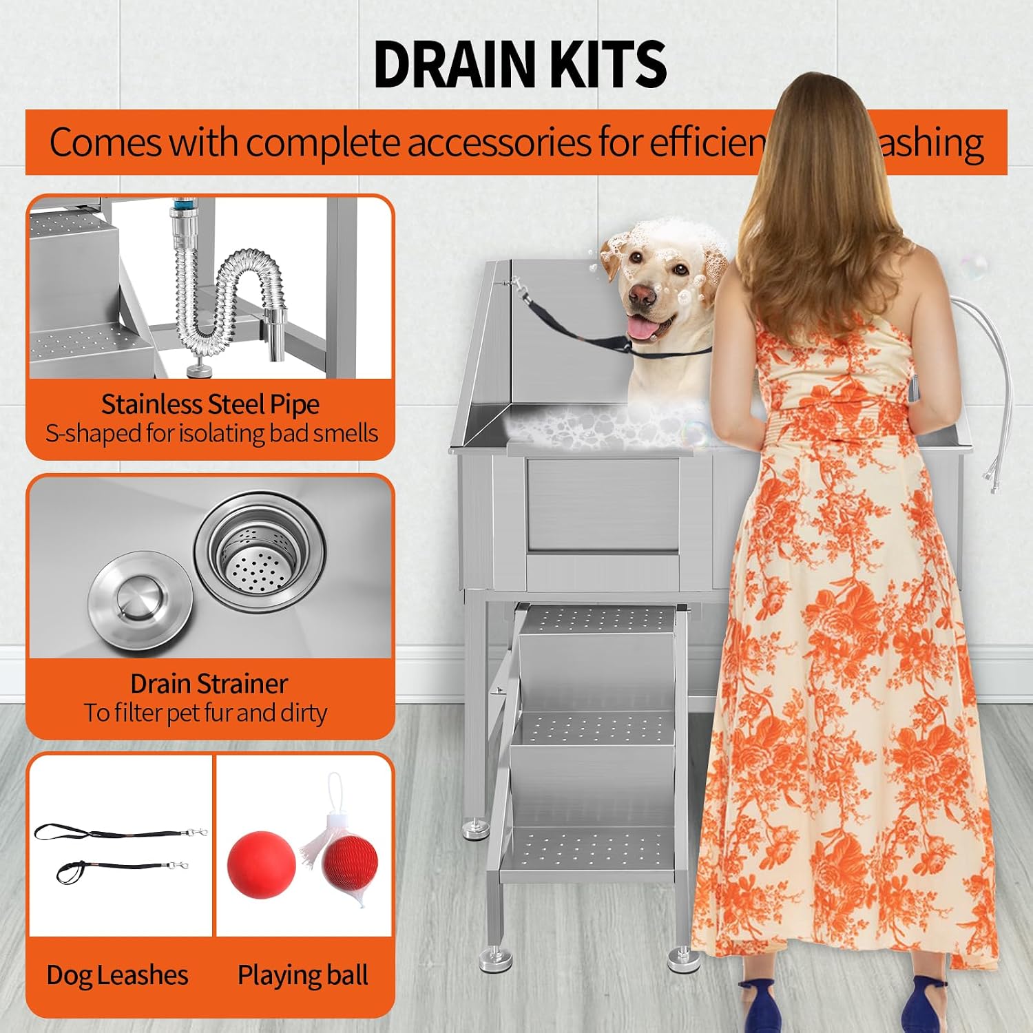 Dog Grooming Tub, 38' L Pet Wash Station, Professional Stainless Steel Pet Grooming Tub with Ramp, Faucet, Sprayer, and Drain Kit,L-Door