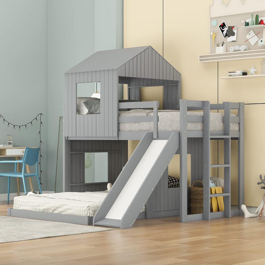 MERITLINE House Bed Bunk Beds with Slide Twin Over Full Size Bunk Bed Frame with Slide,Wooden Playhouse - Design Slide Bunk Beds Twin Over Full Bunk for Boys and Girls