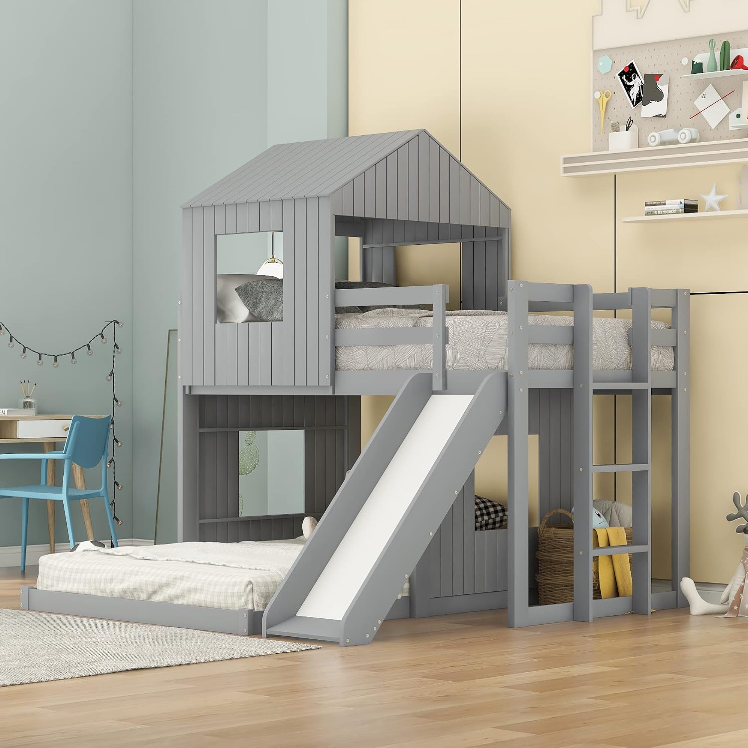MERITLINE House Bed Bunk Beds with Slide Twin Over Full Size Bunk Bed Frame with Slide,Wooden Playhouse - Design Slide Bunk Beds Twin Over Full Bunk for Boys and Girls