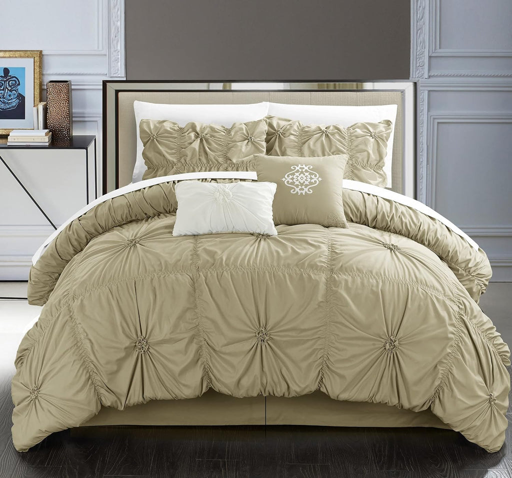 Chic Home Taupe Bed in a Bag Comforter Set, King Size (6 Piece), Halpert - Pintuck Pinch Pleat Microfiber Bedding - Shams, Bed Skirt, Flat & Fitted Sheet, Pillowcases, Breakfast & Decorative Pillow