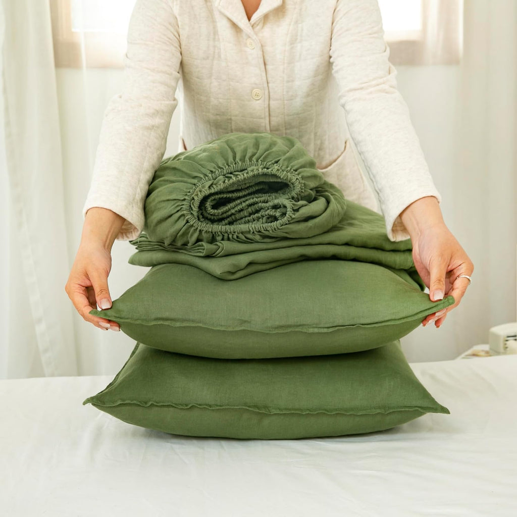 S VICTORY SYMBOL 100% Organic Linen Sheets Set Queen Size 4 Pieces(1 Flat Sheet & 1 Fitted Sheet & 2 Pillowcase) Natural Flax Soft Bedding,GOTS Certified,Deep Pocket Sheet,Juniper Green
