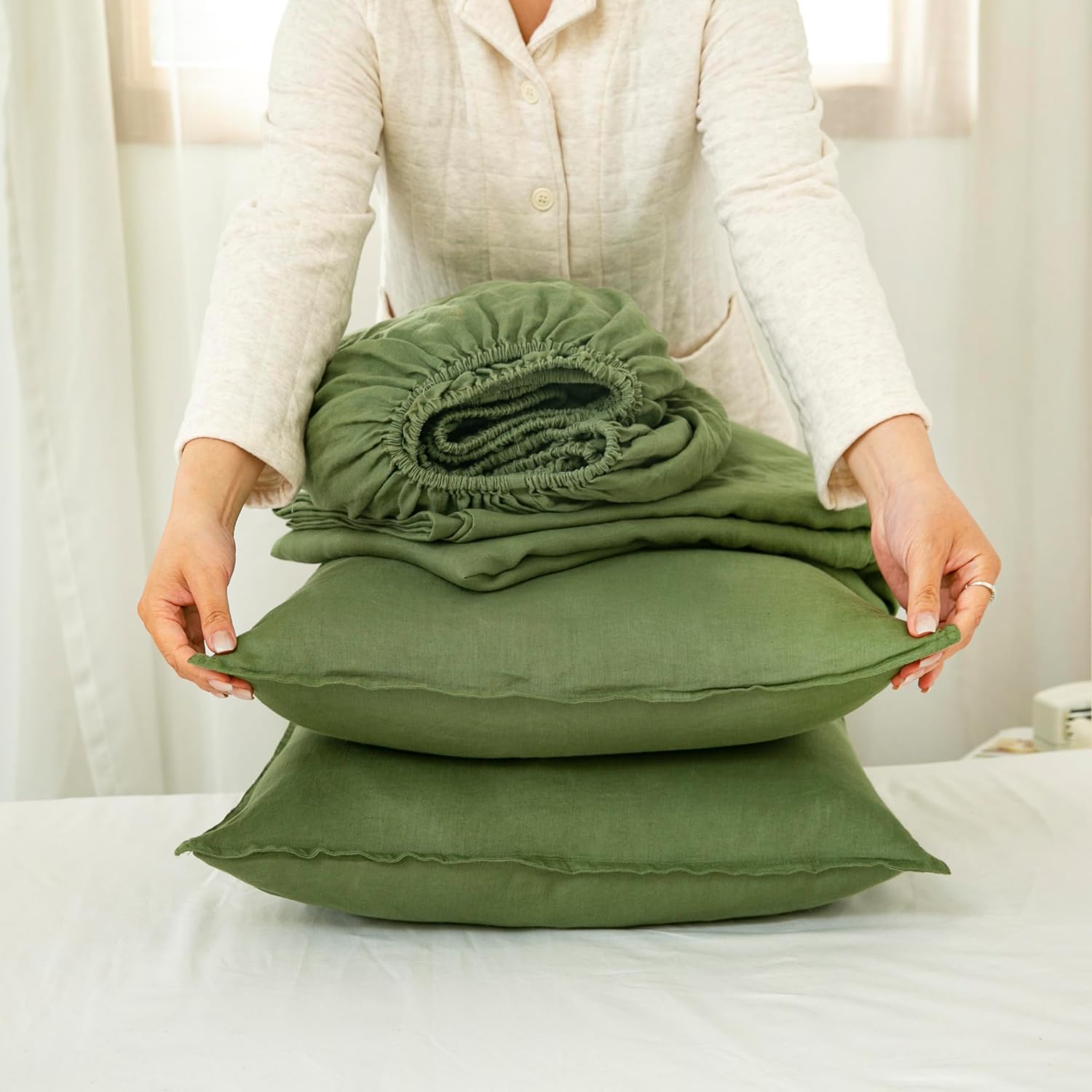 S VICTORY SYMBOL 100% Organic Linen Sheets Set Queen Size 4 Pieces(1 Flat Sheet & 1 Fitted Sheet & 2 Pillowcase) Natural Flax Soft Bedding,GOTS Certified,Deep Pocket Sheet,Juniper Green