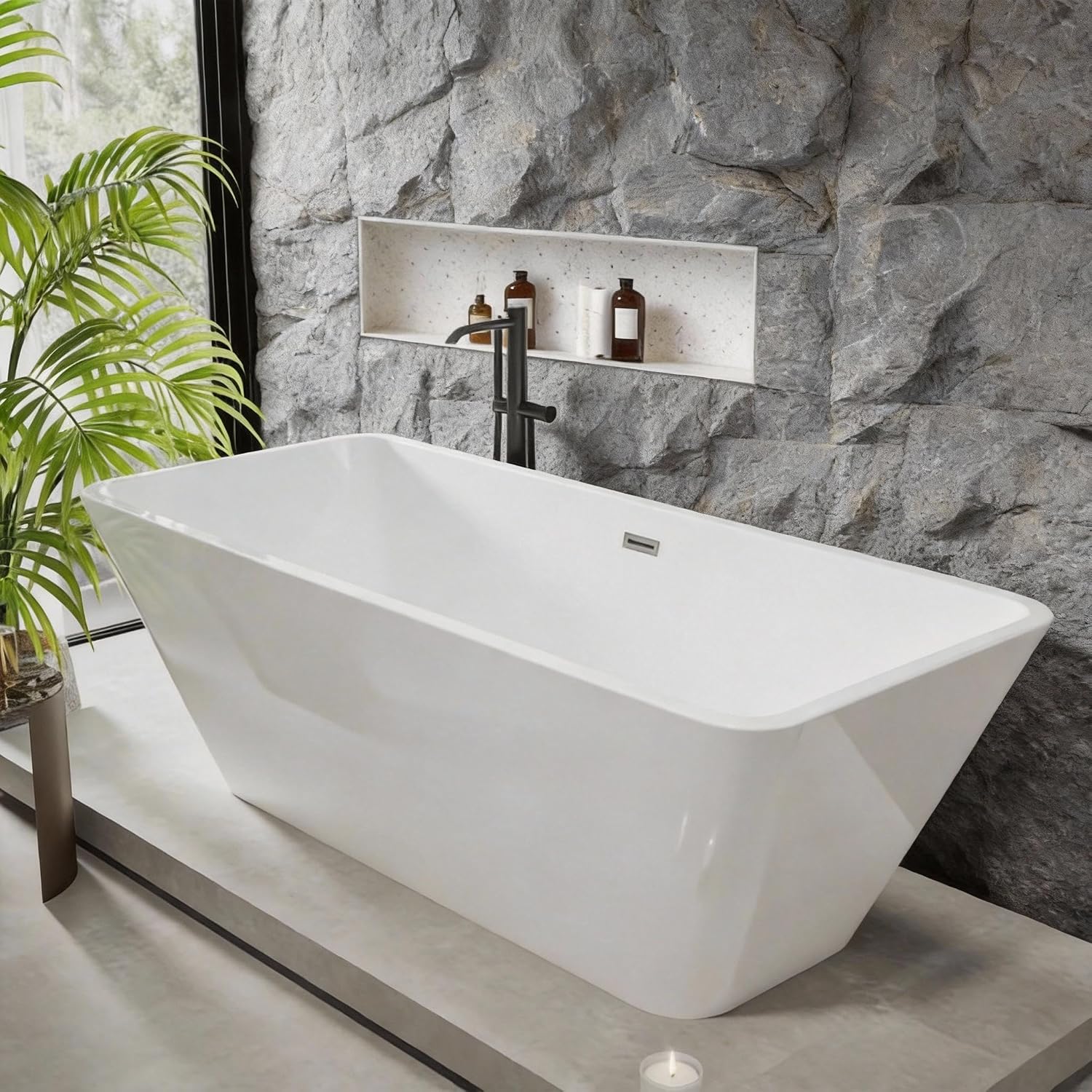 GarveeHome 66'' Acrylic Freestanding Bathtub, Deep Soaking Tub with Non-Slip Base, cUPC Certified Free Standing Tub, Chrome Drain Bath Tub, Modern Tub for Bathrooms, White