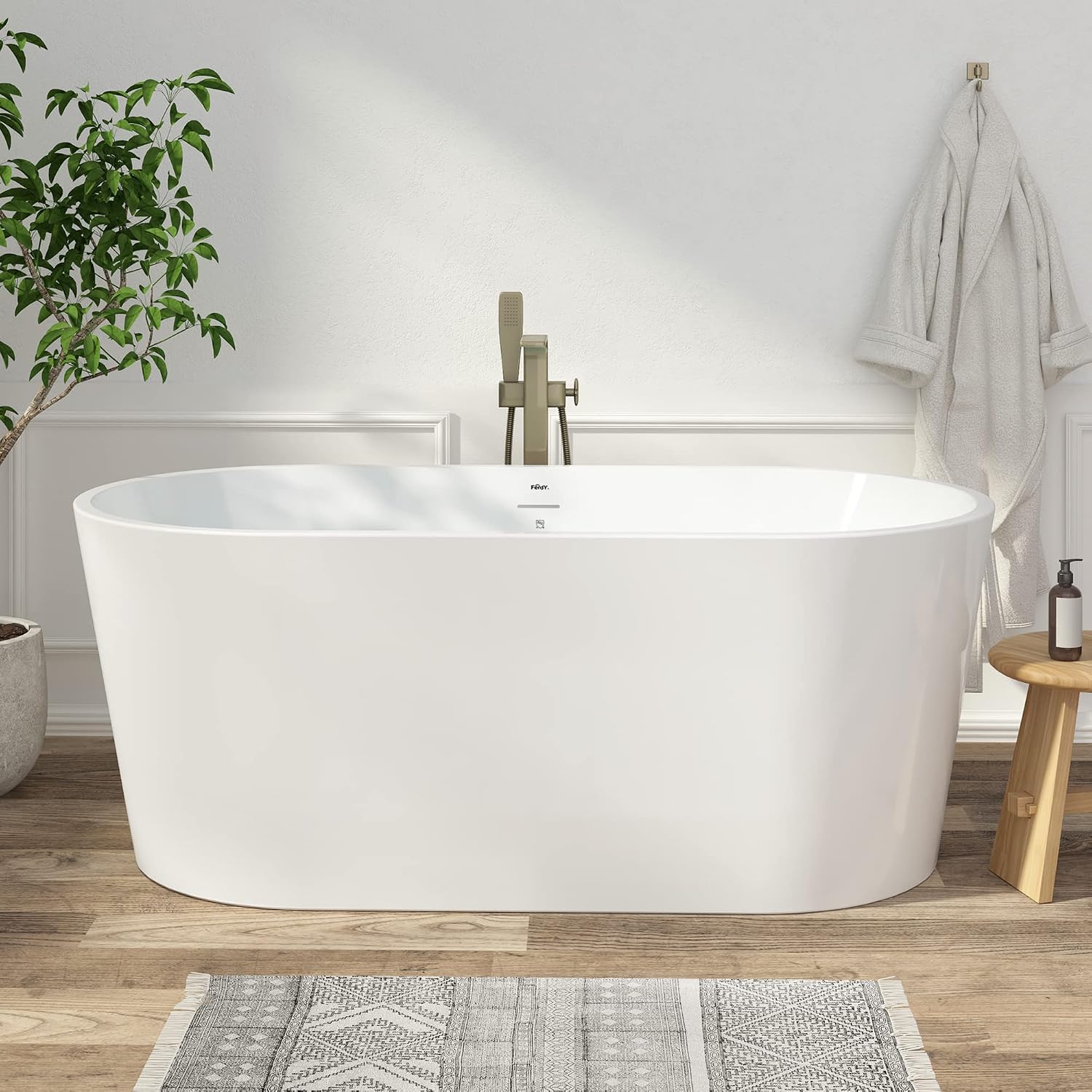 FerdY Shangri-La 59' Acrylic Freestanding Bathtub, Gracefully Shaped Soaking Bathtub, Glossy White, cUPC Certified, Brushed Nickel Drain & Minimalist Linear Design Overflow Included, 02522
