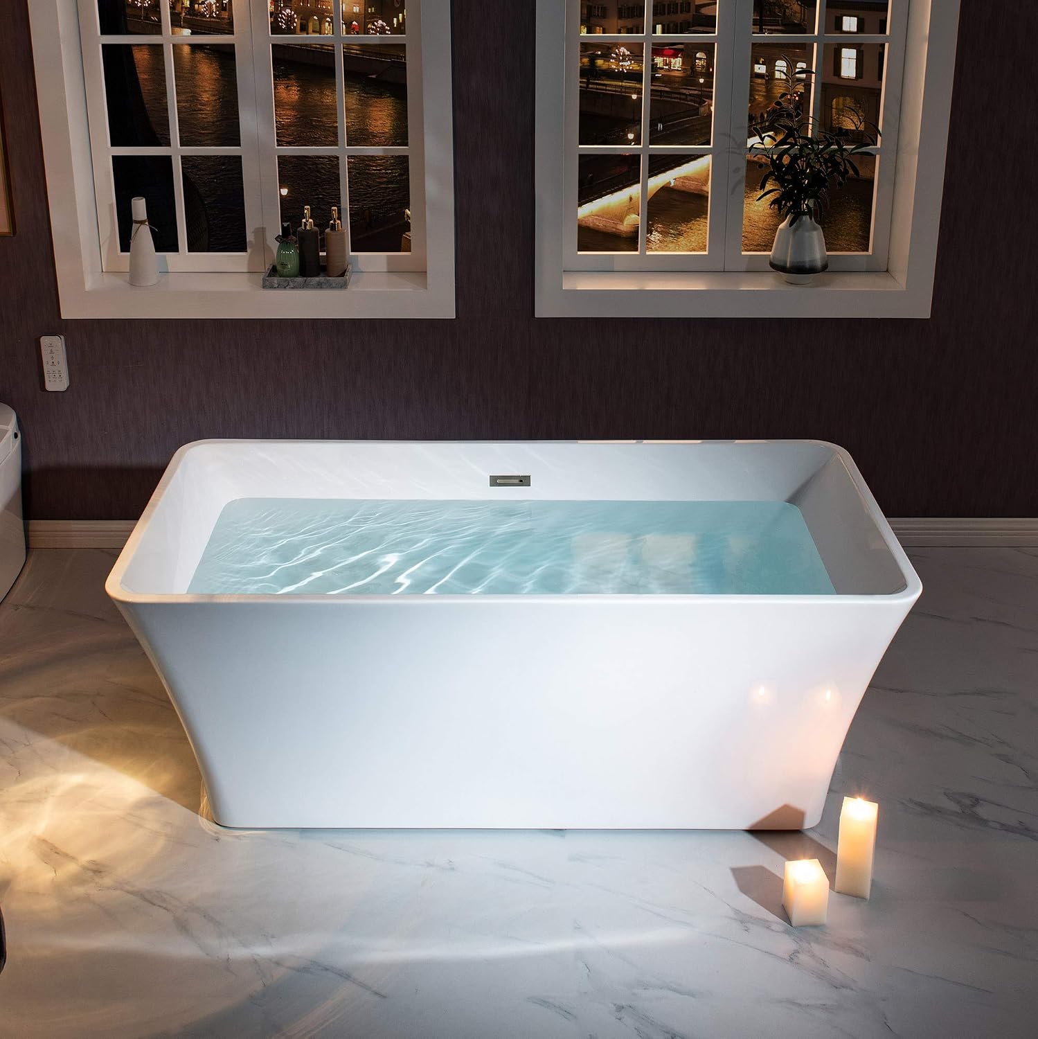 WOODBRIDGE 59' Freestanding White Acylic Soaking Bathtub with Drain Kit and Floor Mount Tub Filler, BTA1509-B/N-Drain &O +F0001BNSQ, With Brushed Nickel Drian