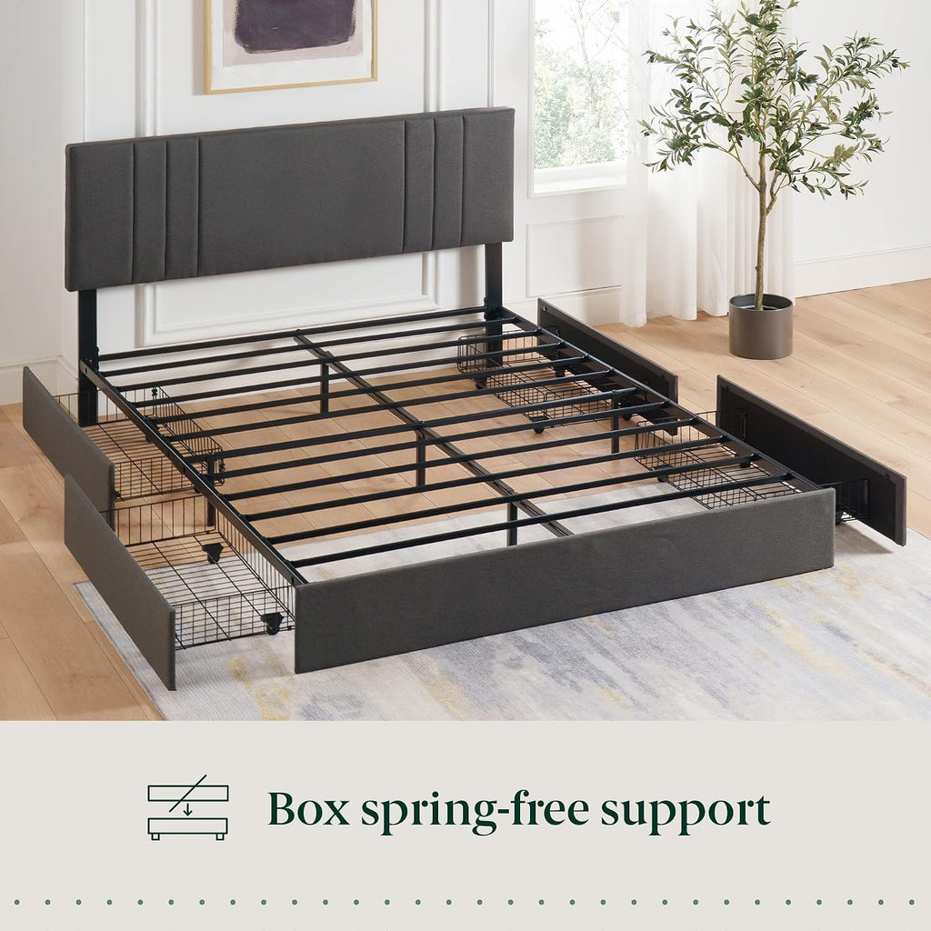 Zinus Billie Platform Bed Frame, Four Underbed Storage Drawers, Height Adjustable Headboard, Upholstered Style, Full
