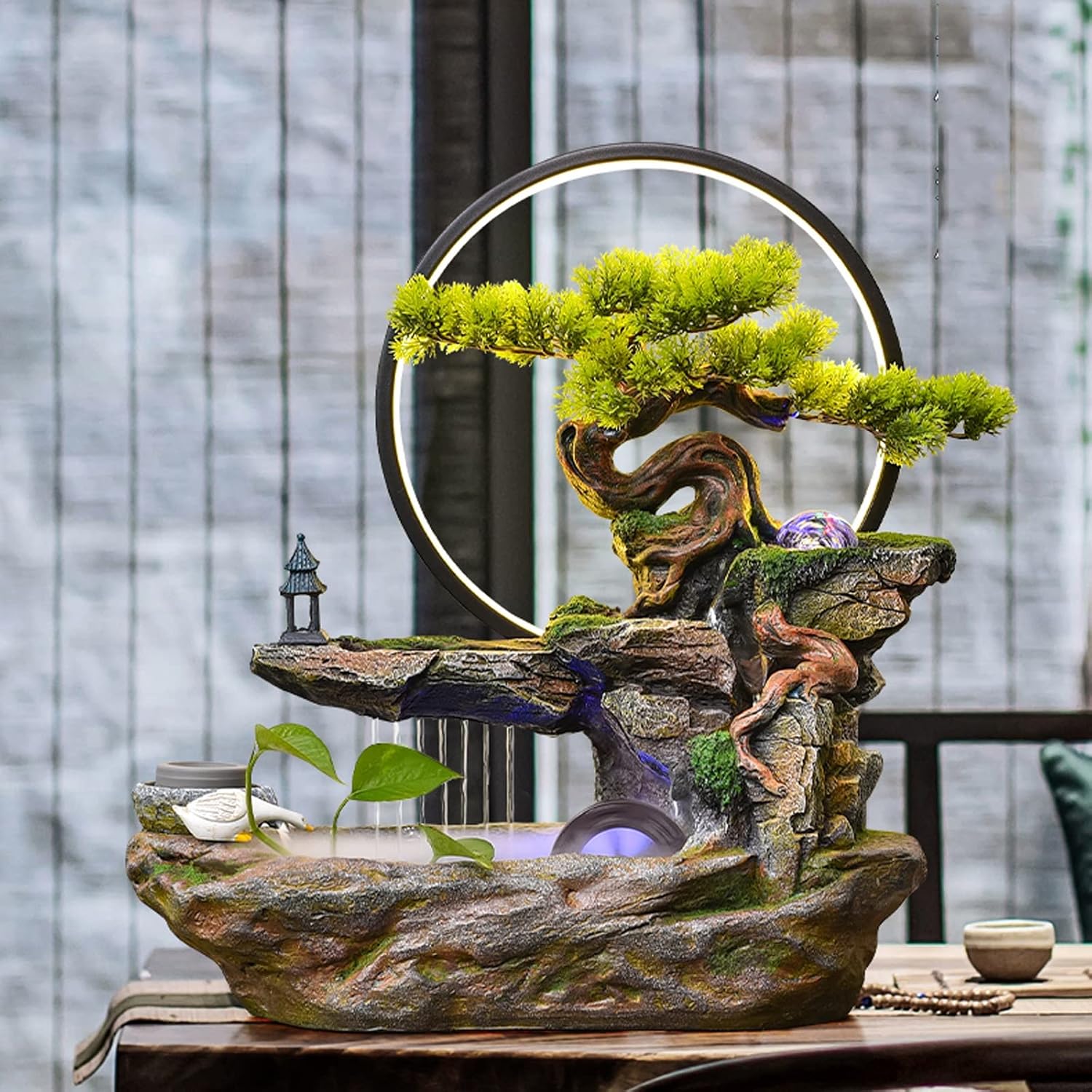 Tabletop Fountains Tabletop Water Fountain Indoor Waterfalls Fountains Decorative Tabletop Fountain with LED Light Artificial Bonsai Tree Design Best Home Gifts for Parents or Friends Indoor Fountains