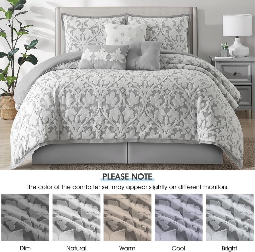 LANCO MODERN LIFESTYLE 7 Pieces Comforter Set, Queen, White Grey, Jacquard Floral Pattern and Classy Damask Medallion Design, Ultra Soft, Includes Bed Skirt, Shams, and Decorative Pillows