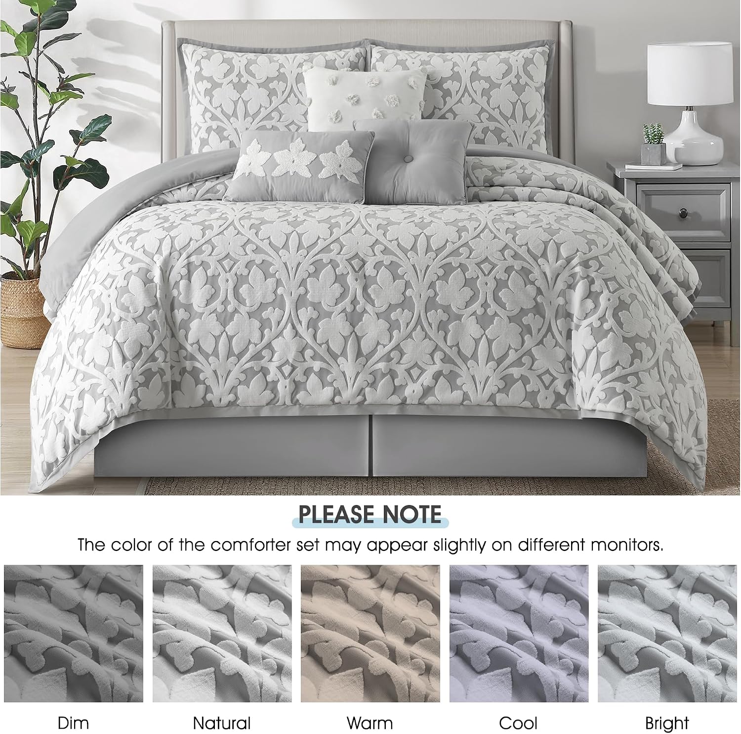 LANCO MODERN LIFESTYLE 7 Pieces Comforter Set, California King, White Grey, Jacquard Floral Pattern and Classy Damask Medallion Design, Ultra Soft, Includes Bed Skirt, Shams and Decorative Pillows
