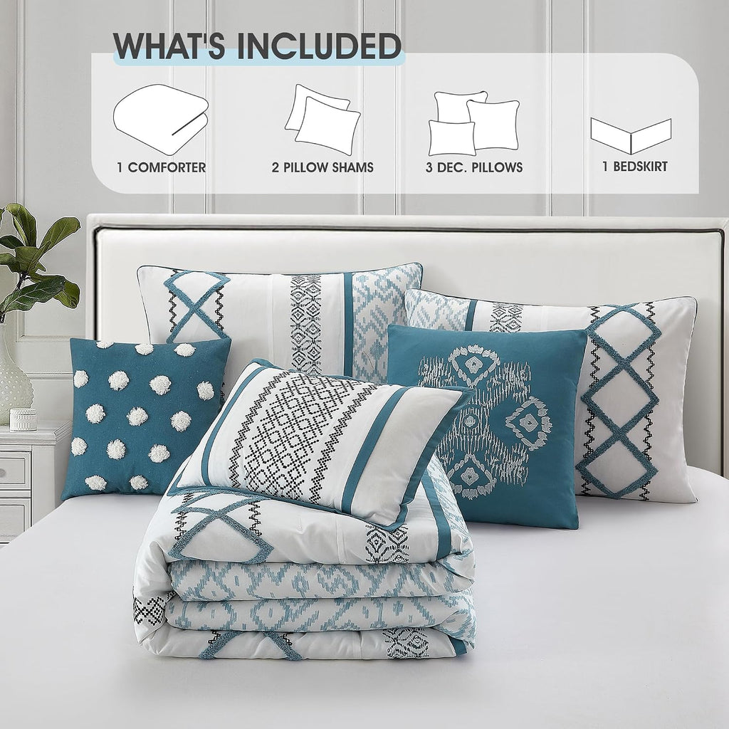 LANCO MODERN LIFESTYLE Blue Queen Comforter Set, 7 Pieces All Season Bedding Sets in a Bag with Geometric Terry Embroidered Comforter, Bed Skirt, Pillow Shams and Decorative Pillows