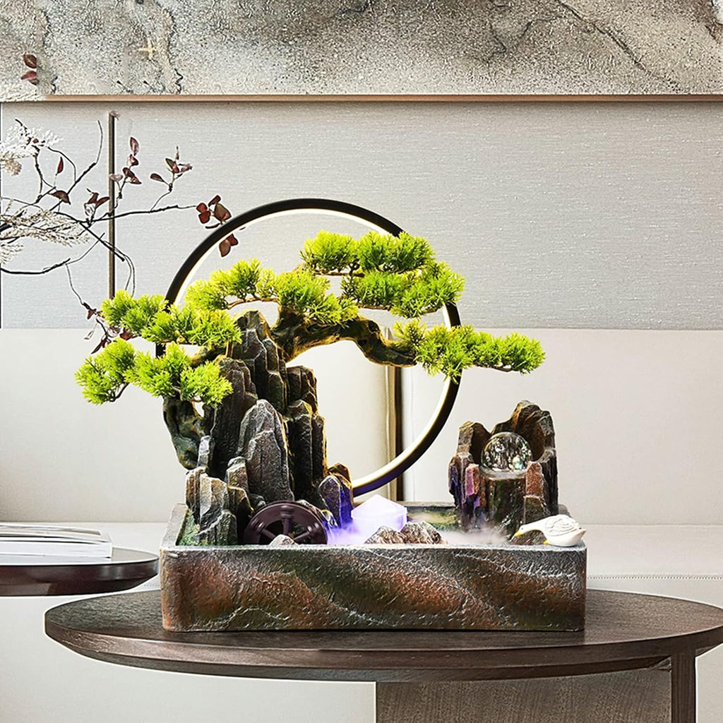 Tabletop Fountain Indoor Resin Tabletop Water Fountain Waterfalls Fountains Artificial Bonsai Tree Decorative Tabletop Fountain with LED Light for Home and Office Indoor Spaces Decor Water Fountain