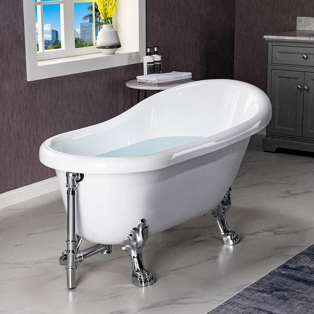 WOODBRIDGE 54' Heavy Duty Acrylic Slipper Clawfoot Bath Tub with Chrome Feet + Chrome Drain &Overflow