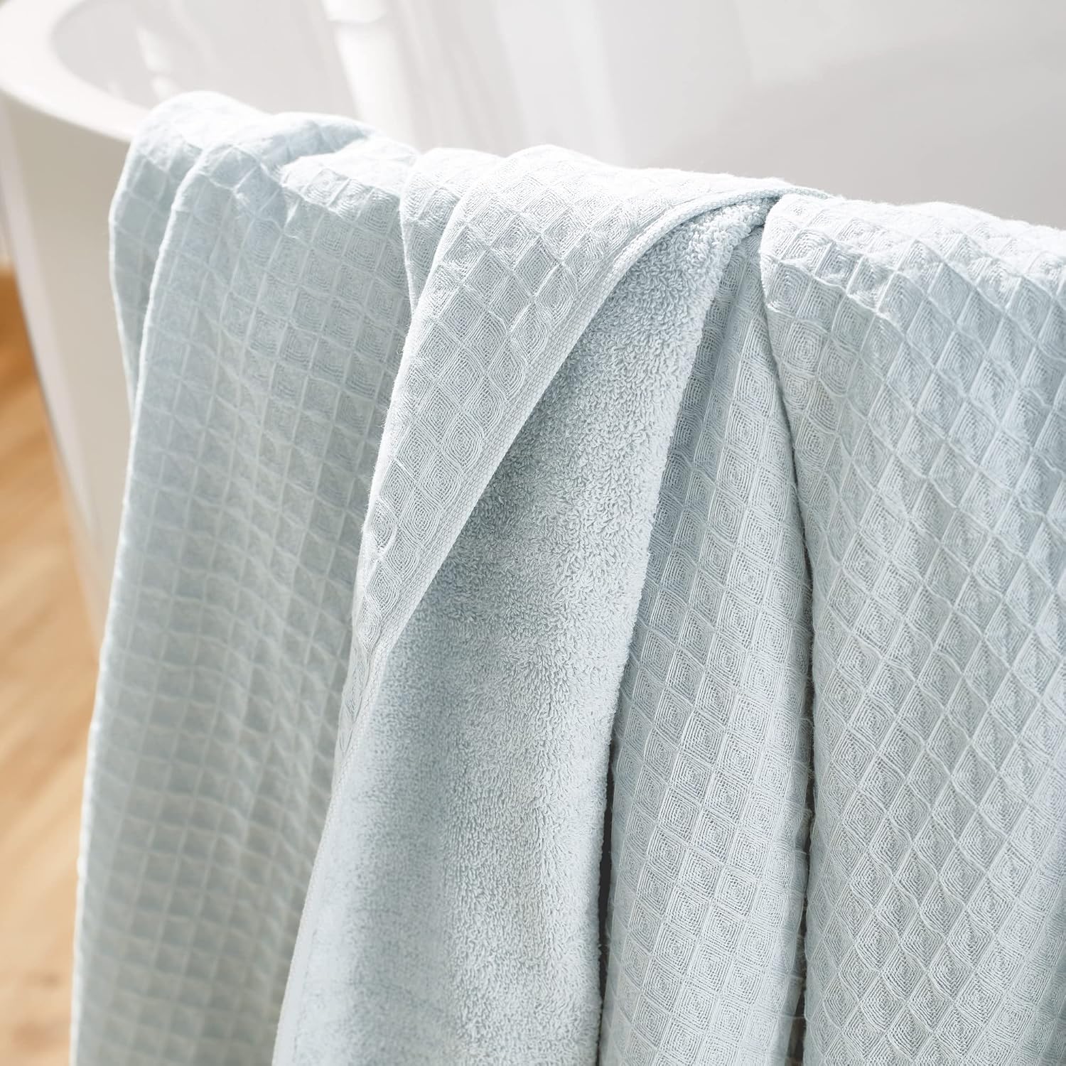 UCHINO Waffle Twist Cotton Weave Towel Set for Bathroom – 2 Bath, 2 Hand, 2 Washcloths, Lightweight Absorbent Quick Dry Honeycomb Texture Solid Terry Loop Reverse, 6 Piece, Ocean